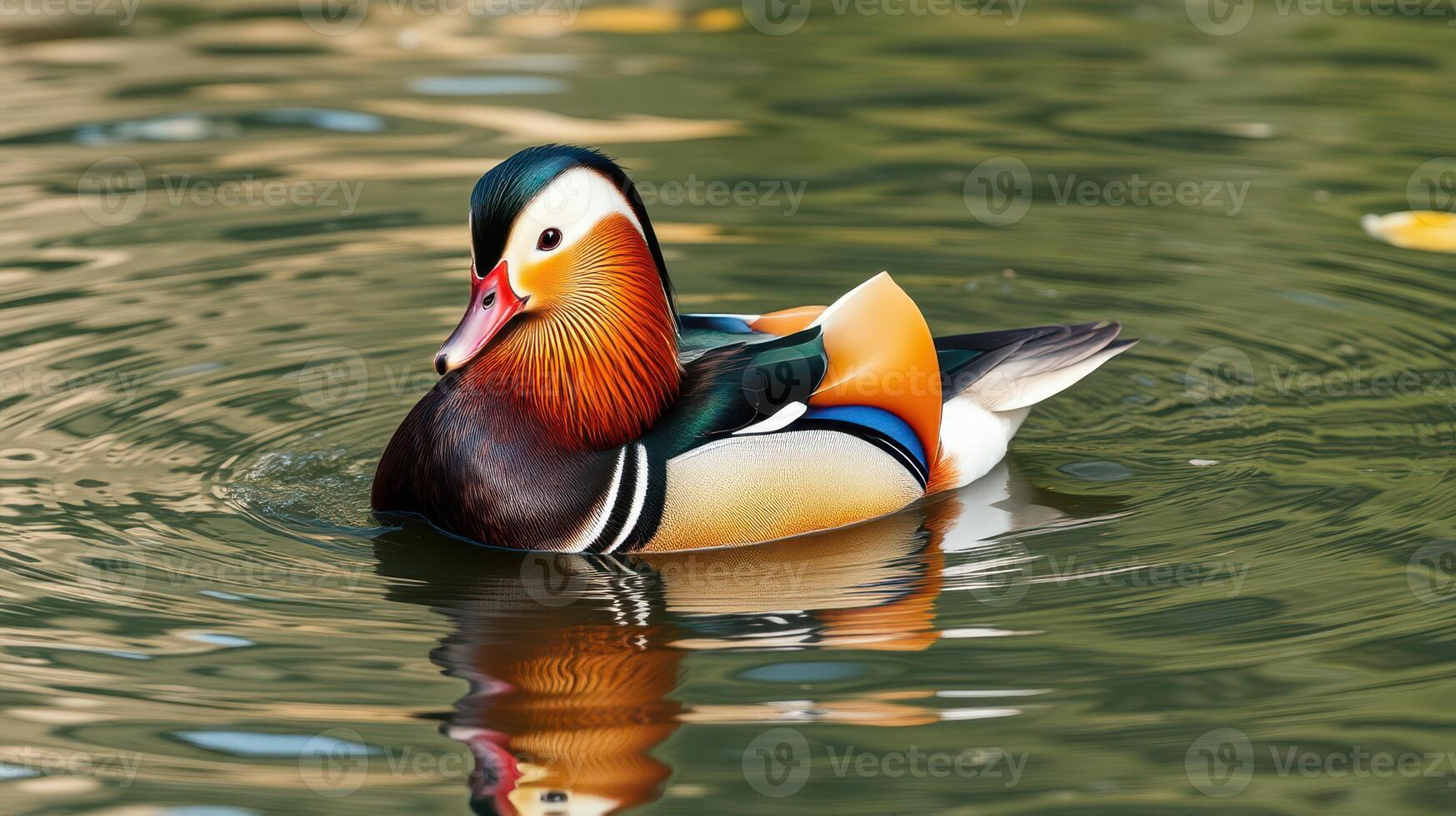 Colorful mandarin duck swimming gracefully in a serene pond during daylight hours photo