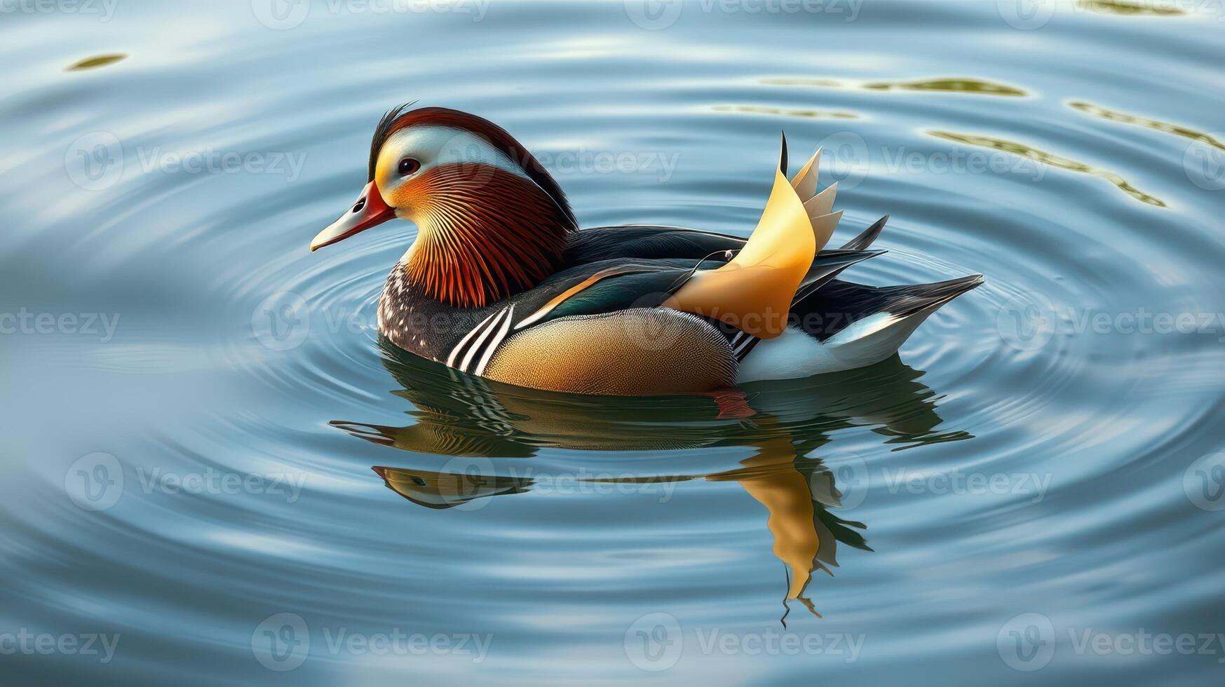 Colorful mandarin duck swimming peacefully in a serene pond during daylight hours photo