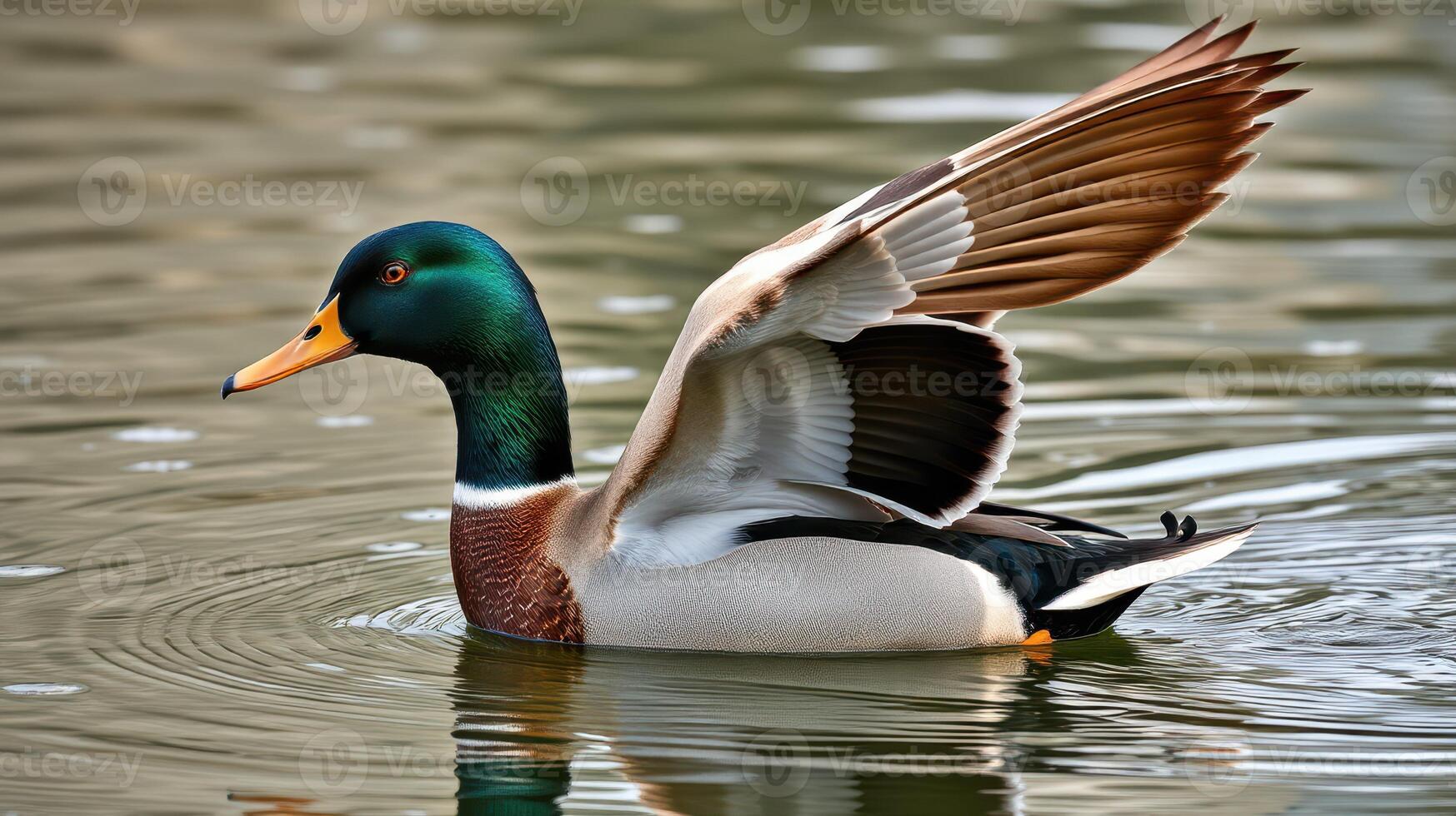 Colorful mallard duck spreads wings on calm water during a sunny afternoon in a serene park setting photo