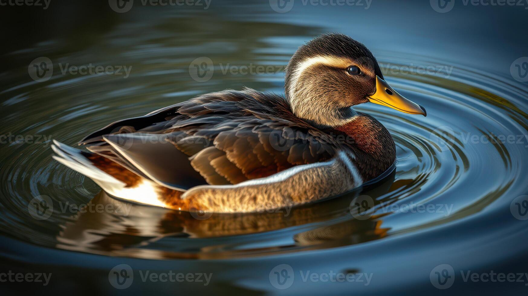 Duck swims gracefully in calm water reflecting soft evening light in a serene natural setting photo