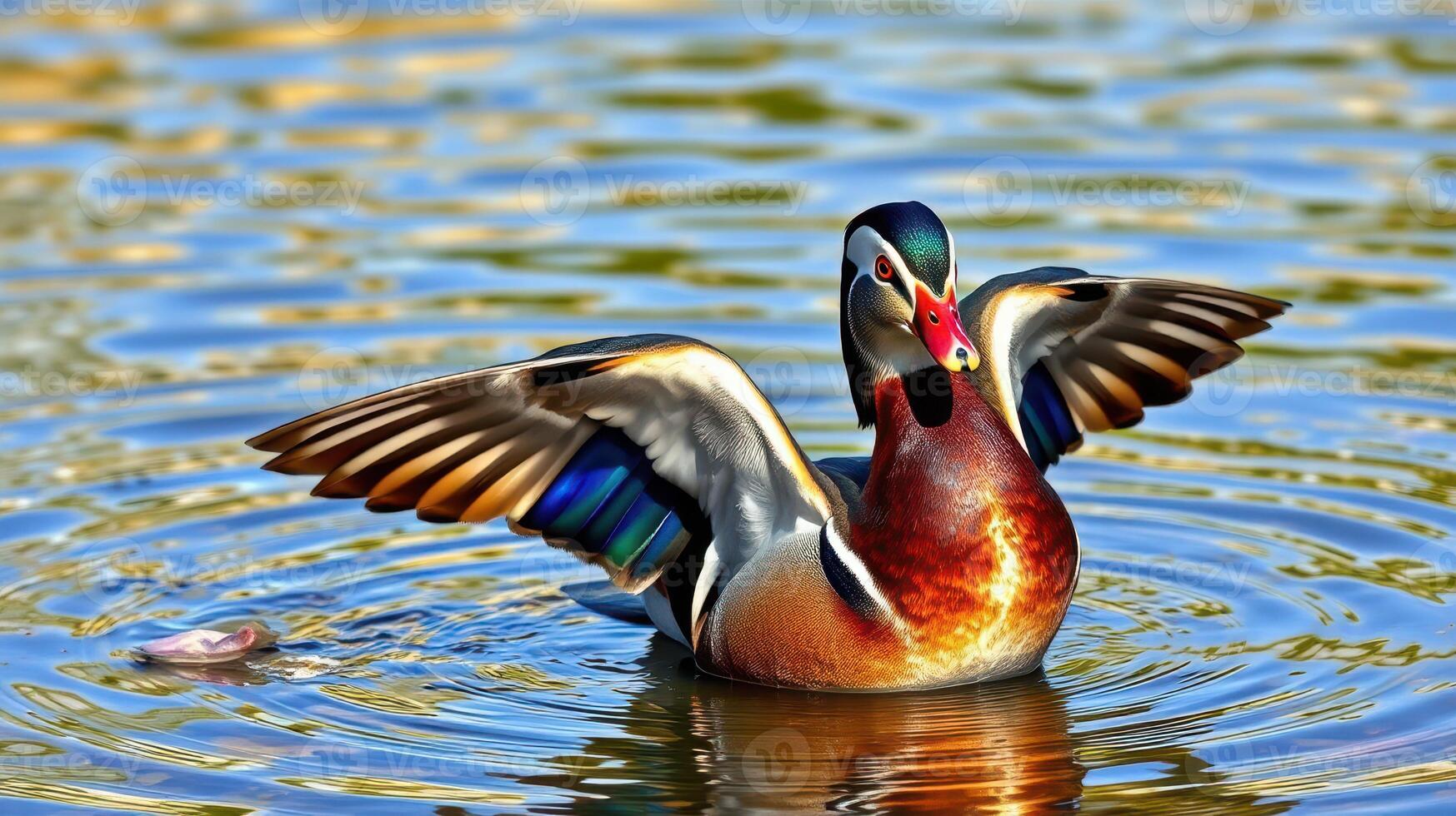Vibrant male mandarin duck showcasing its colors while swimming in a serene pond under bright sunlight photo