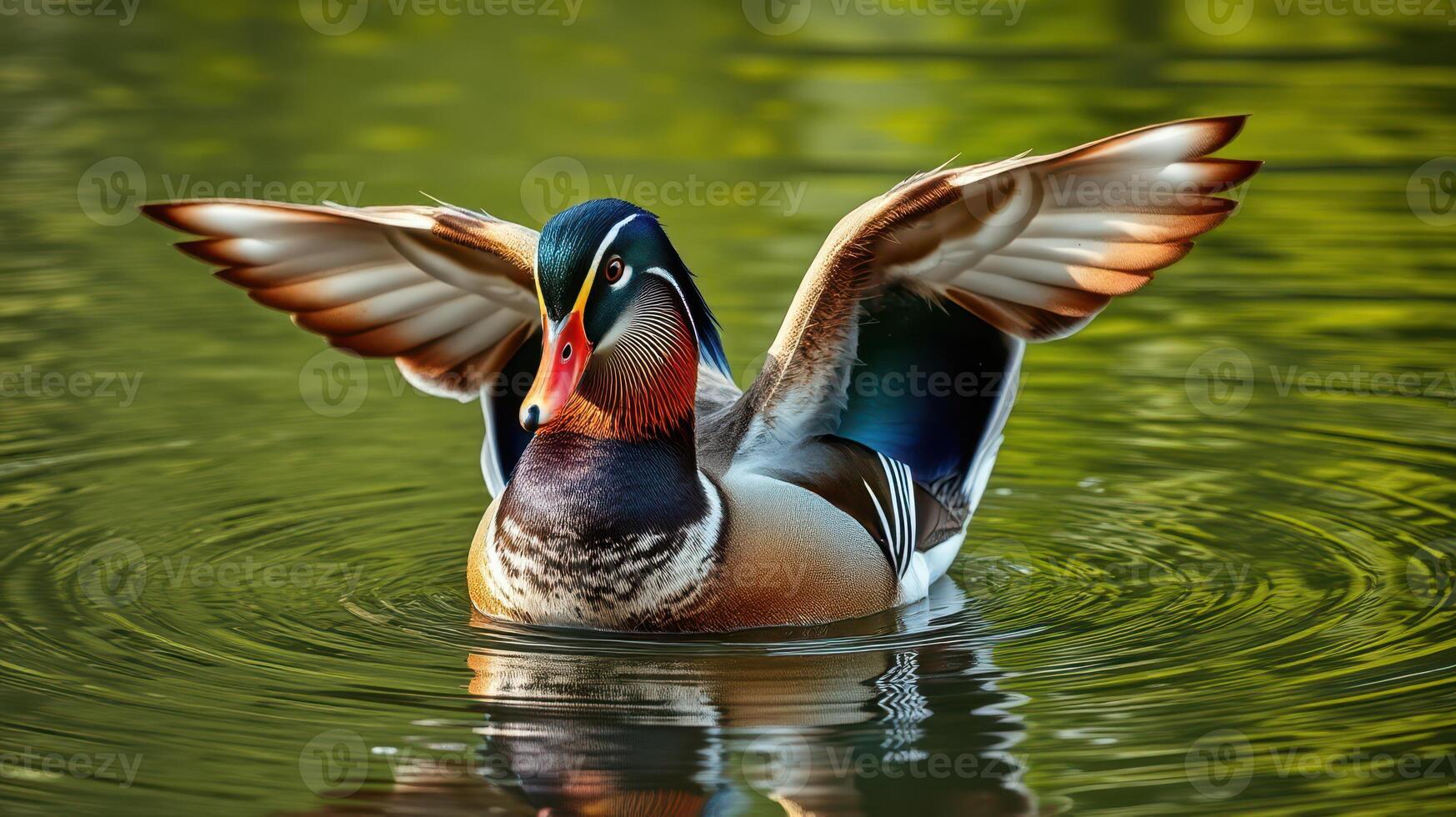 Colorful duck flapping wings while swimming in tranquil water at a lush garden setting photo