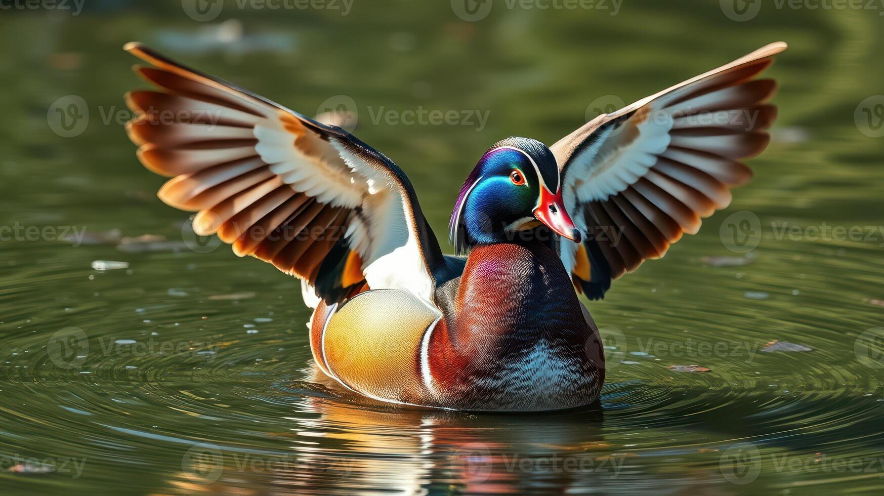 Colorful duck displays wings in serene pond during sunny day photo