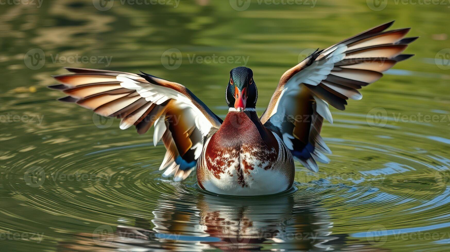 Colorful duck displaying wings in a serene pond surrounded by greenery photo