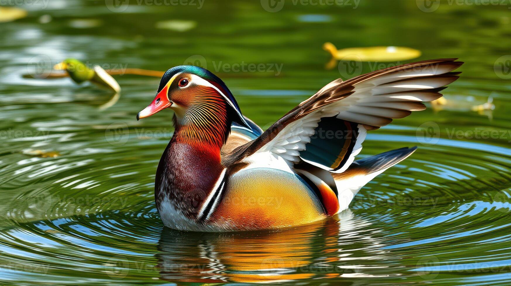 Colorful mandarin duck spreads its wings while swimming in a serene pond surrounded by lush greenery photo