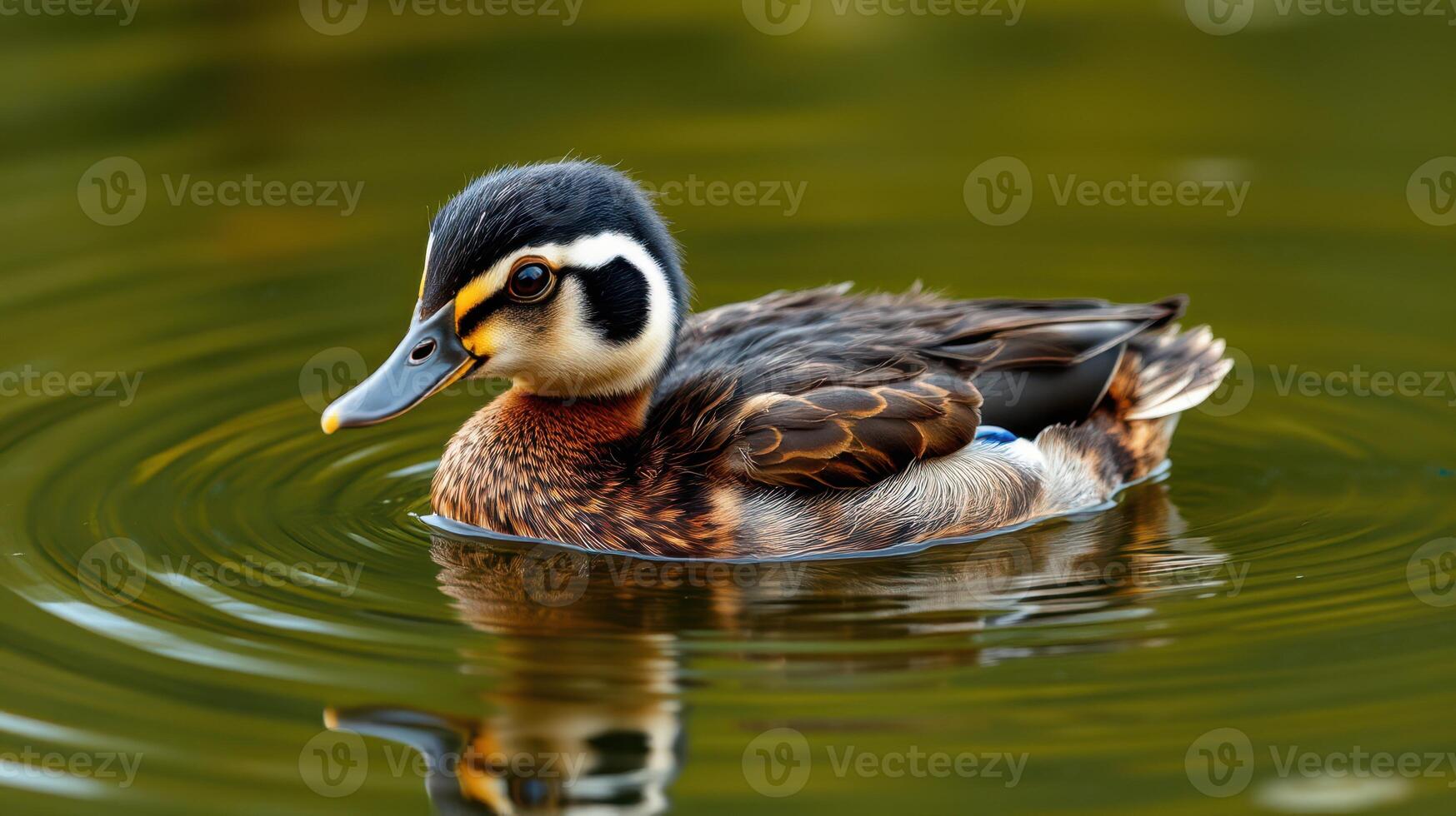 Colorful duck gracefully swims in calm waters surrounded by rippling reflections at a serene lake photo