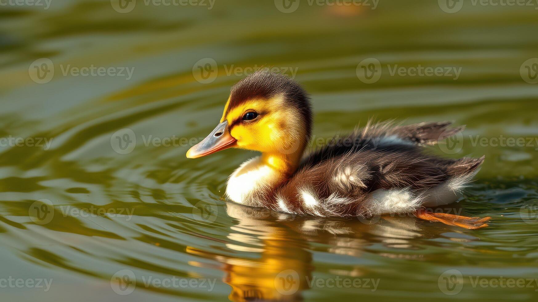 Charming duckling swims gracefully in a serene pond during a sunny afternoon photo
