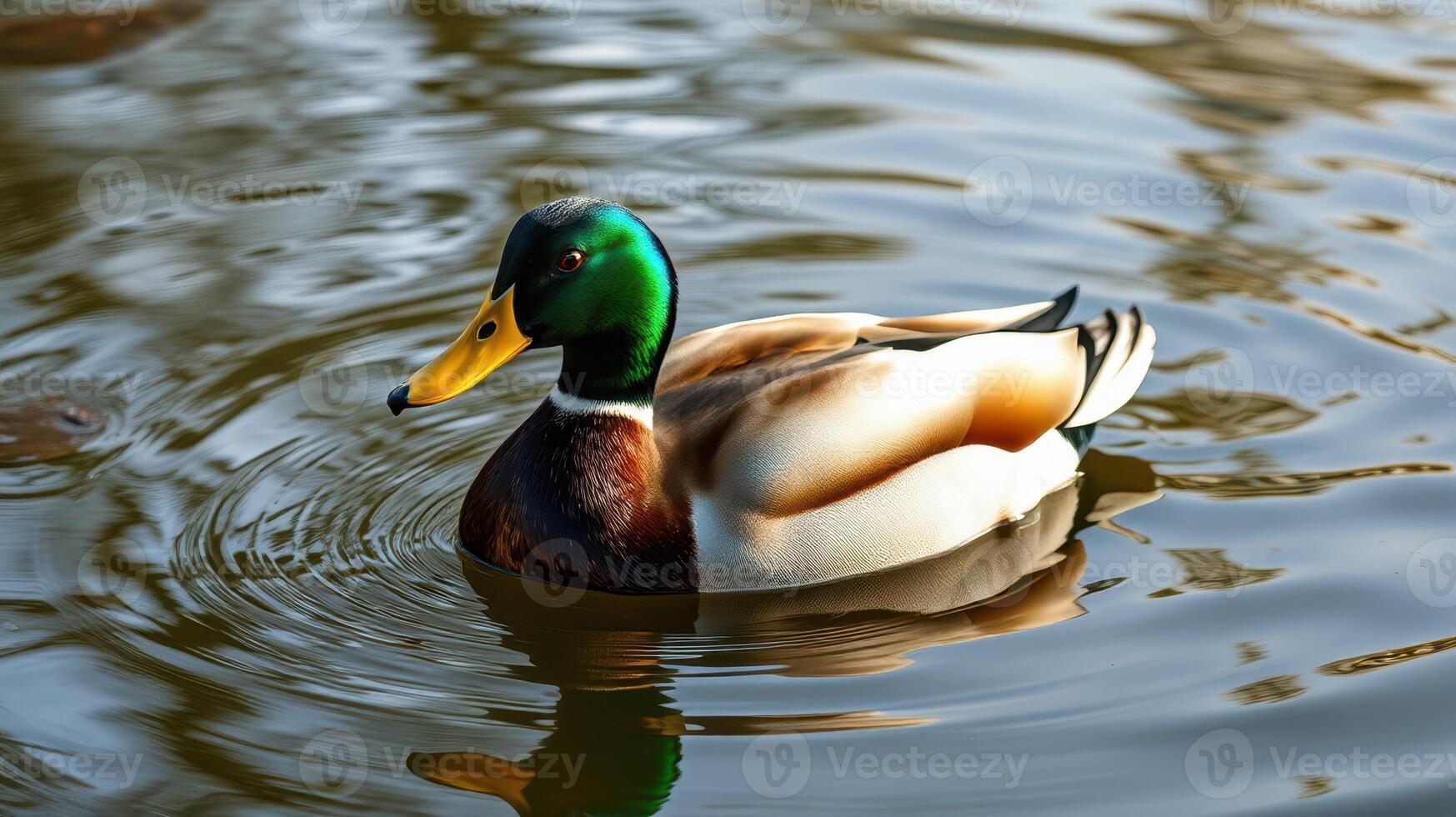 Colorful mallard duck gliding peacefully across a serene lake at dawn photo