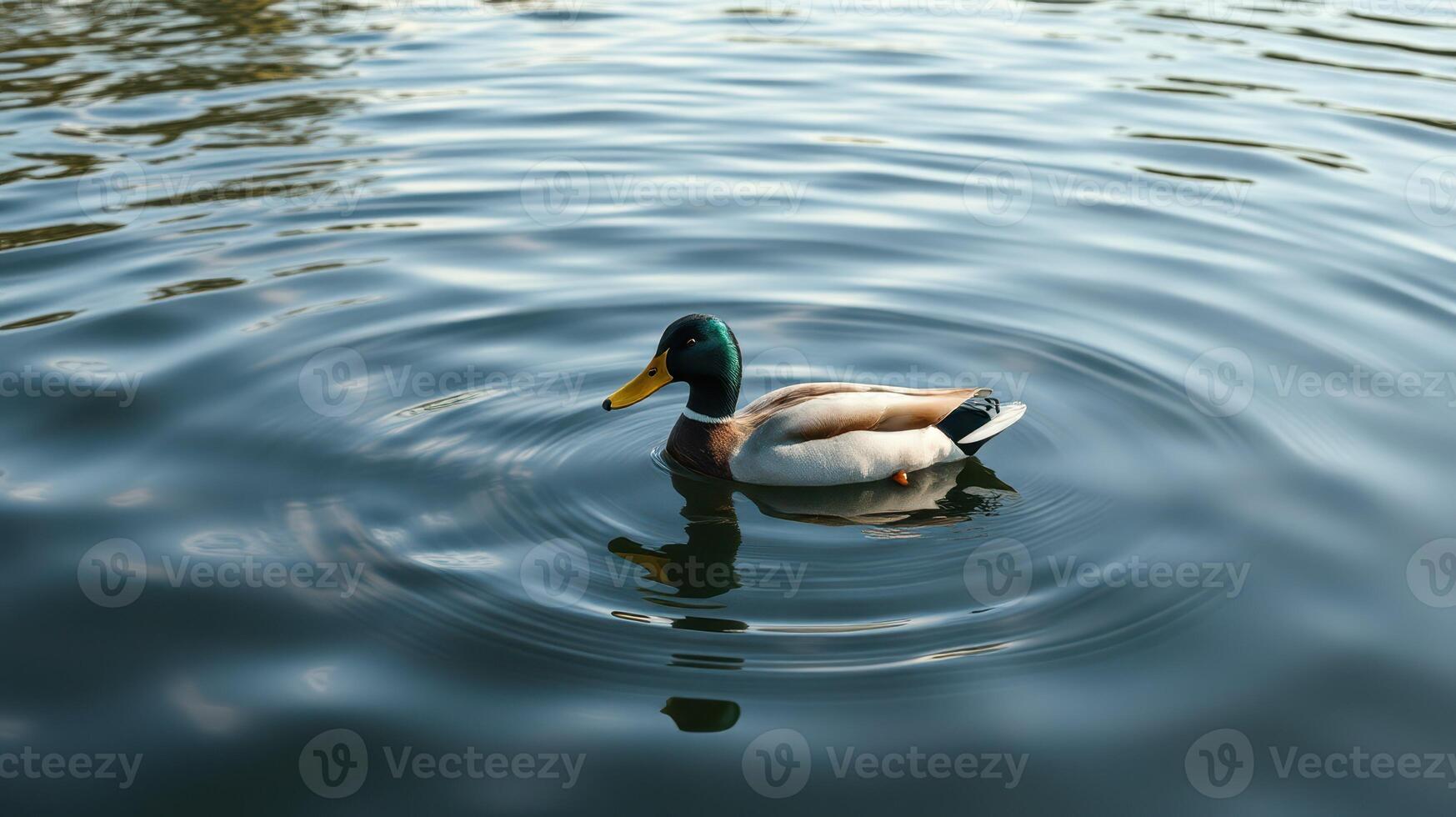 Duck swimming gently in rippling water during a sunny afternoon in the park photo