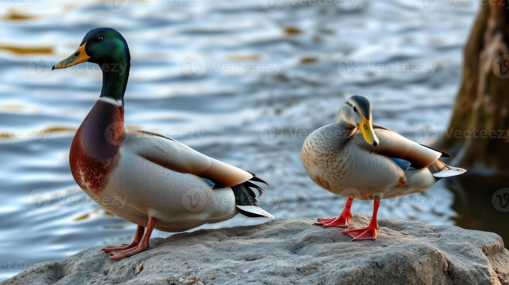 Two mallard ducks standing on a rock by the lakeside in the early morning light photo