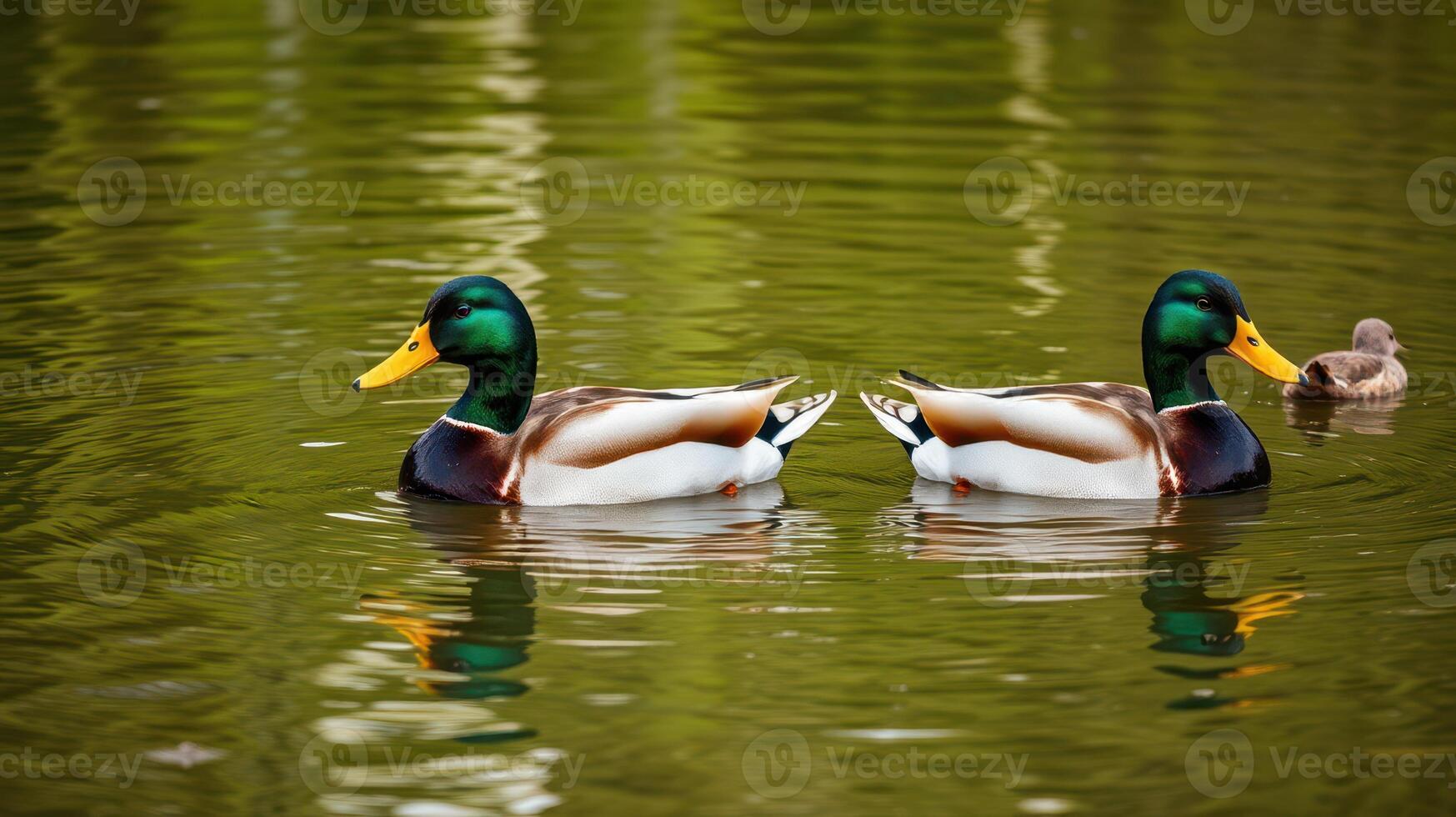 Ducks swimming gracefully in calm water on a sunny day in a local park photo
