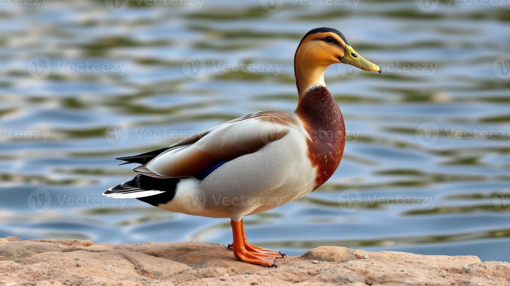 Colorful male duck standing by the water's edge on a sunny day in a serene environment photo