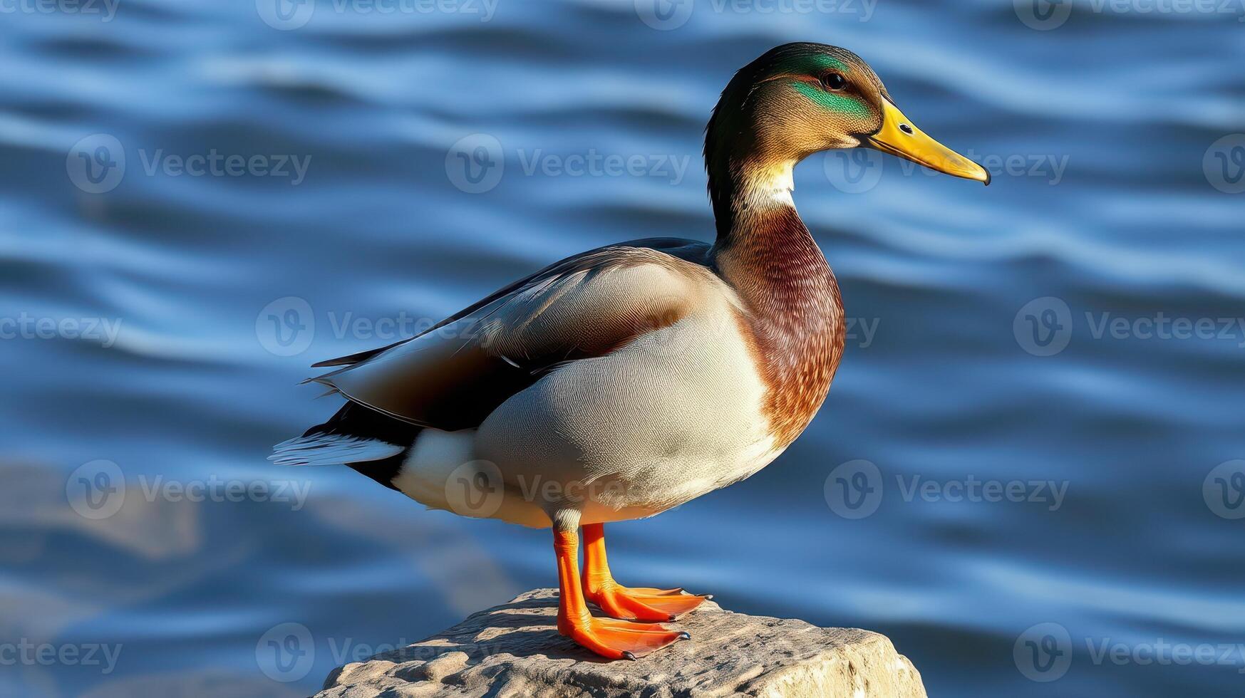 Colorful duck stands on a rock by the water with a shimmering surface under bright sunlight photo