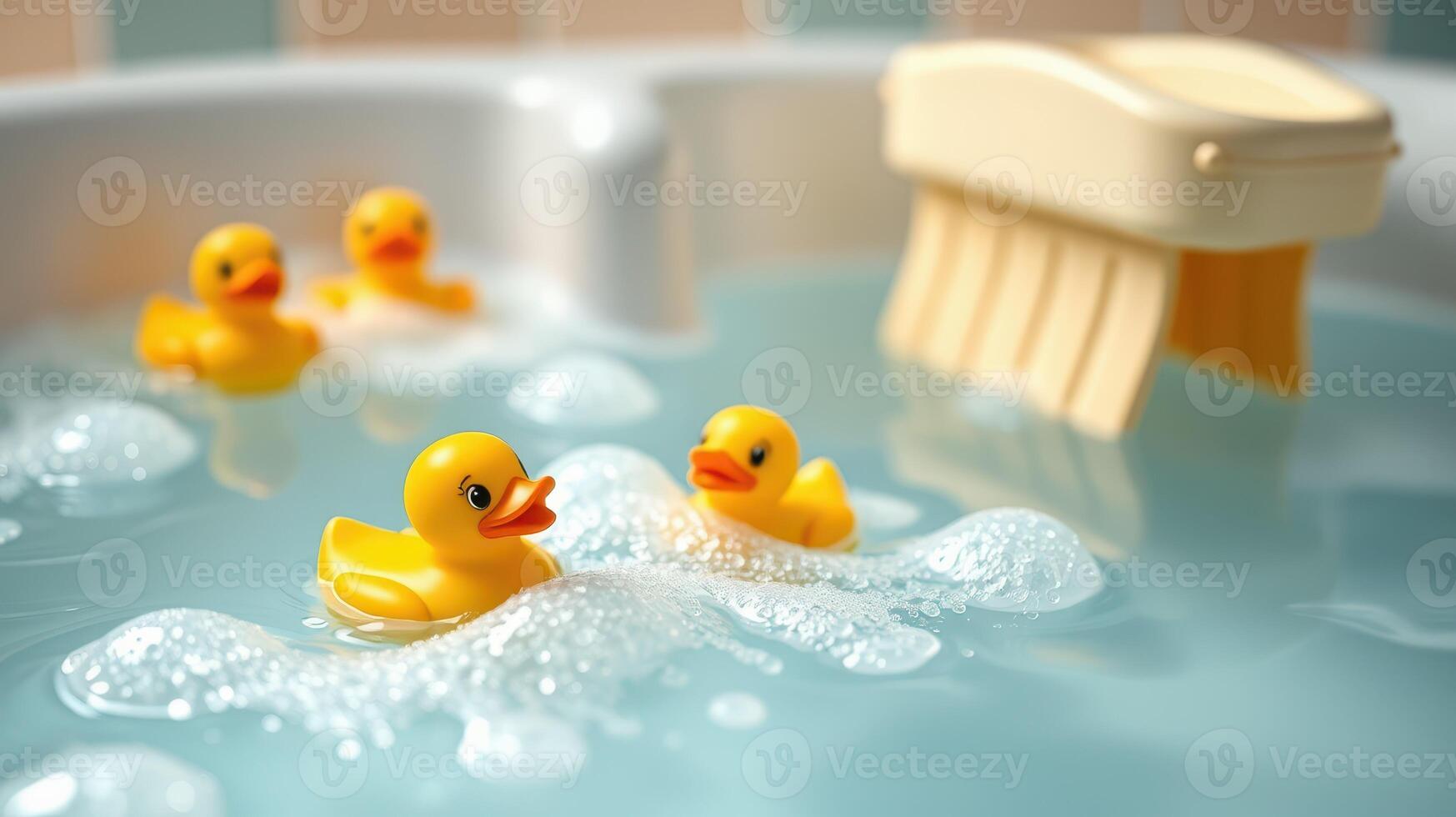 Rubber ducks float playfully in a bubbling bath with soft tiles in the background photo