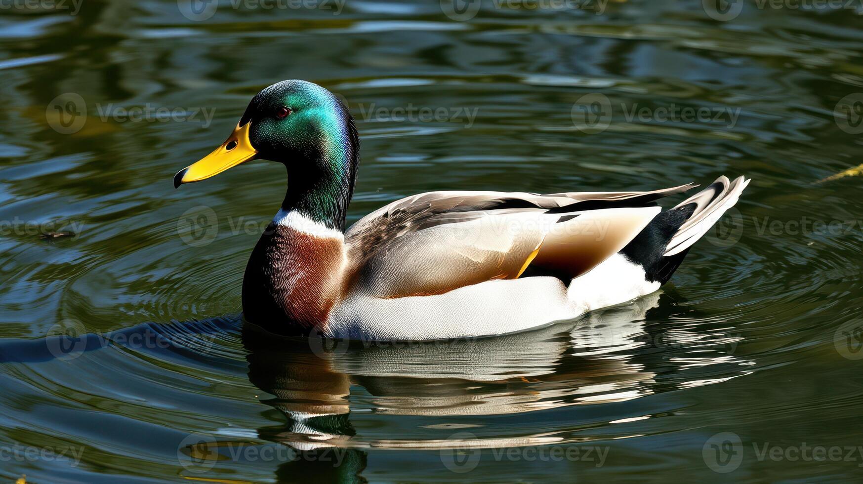 Male mallard duck swims gracefully in a tranquil pond reflecting lush greenery and blue sky photo