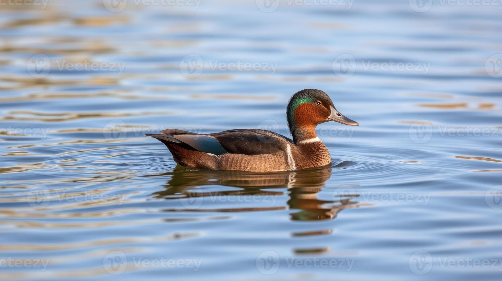 Elegant duck gracefully swims on tranquil water during a bright sunny afternoon photo