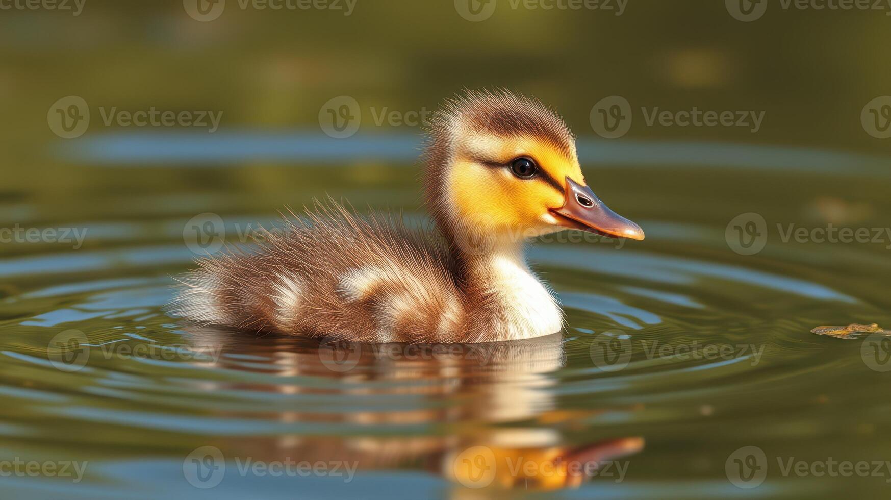 Cute duckling swims in a tranquil pond on a sunny afternoon surrounded by gentle ripples in the water photo