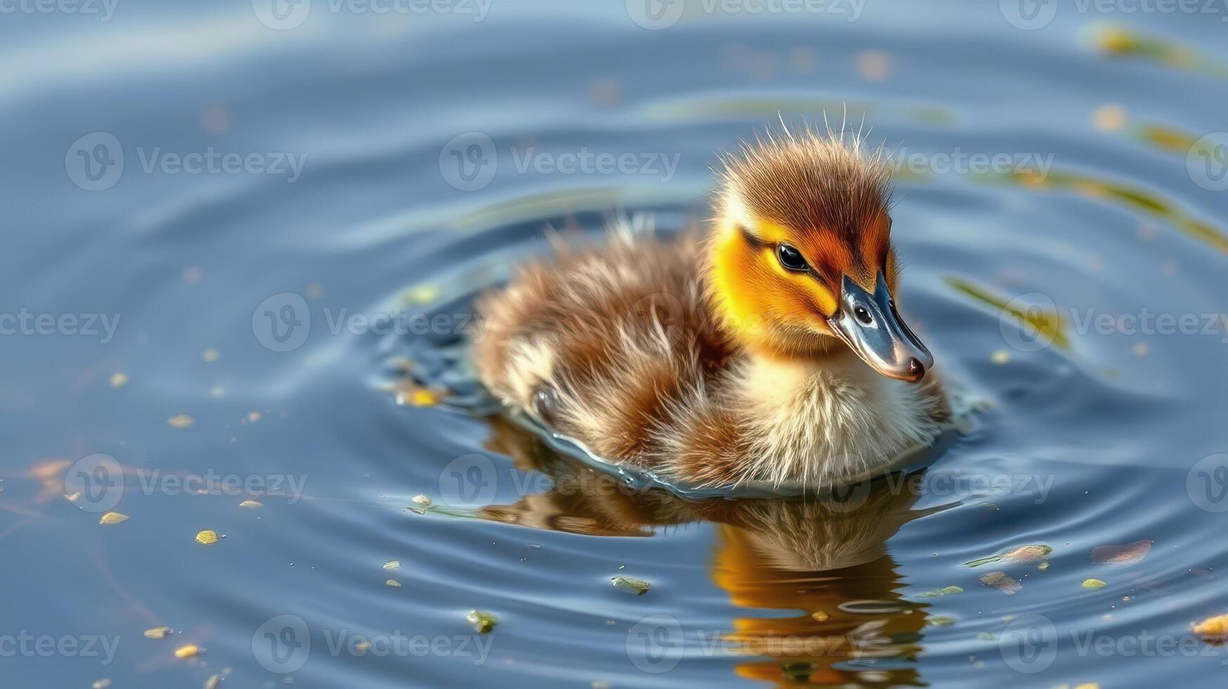 Young duckling swims gracefully in a serene pond during a sunny day photo