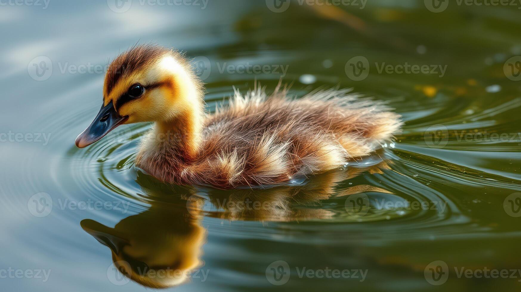 Cute duckling swims in serene pond surrounded by gentle ripples at golden hour photo