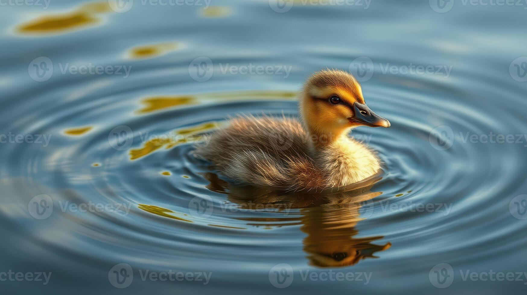 Young duckling swims gracefully in a serene pond surrounded by gentle ripples photo