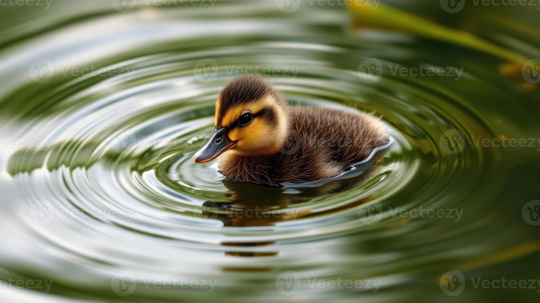 Cute duckling swims peacefully in calm water surrounded by ripples under soft sunlight photo