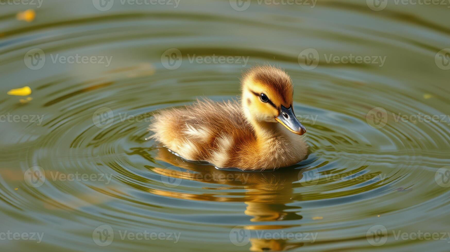 Duckling swims gracefully in clear water surrounded by gentle ripples during a sunny afternoon photo