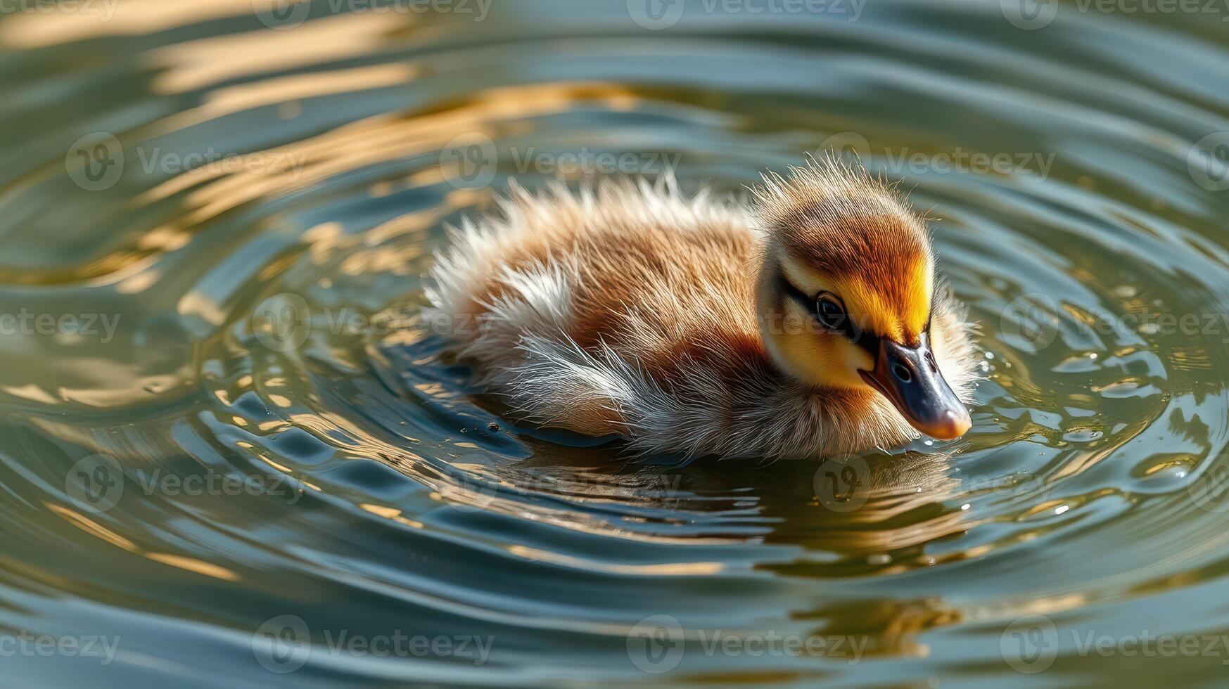Cute duckling swimming in a tranquil pond surrounded by rippling water and natural sunlight photo