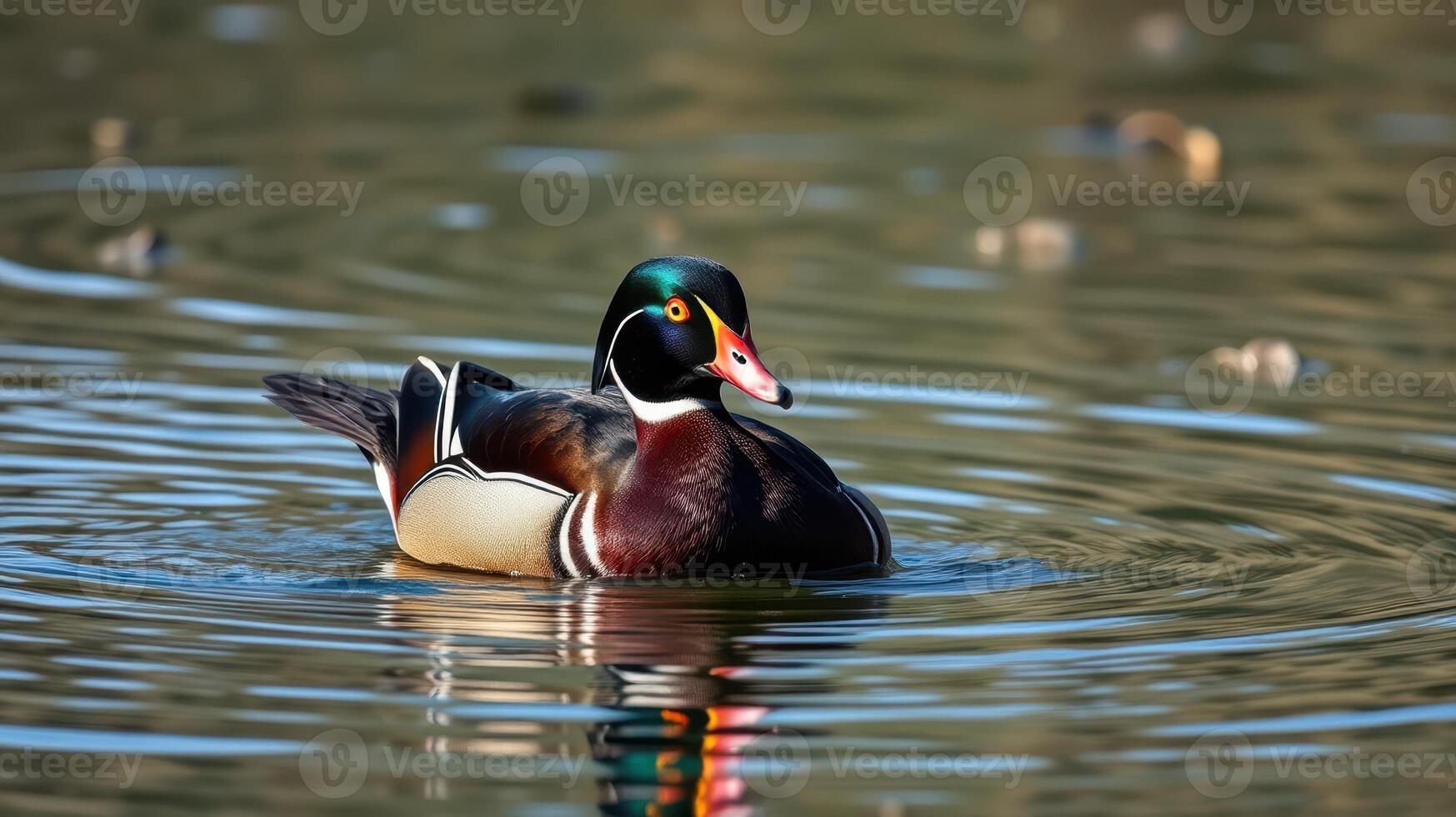 Wood duck swimming gracefully on a tranquil pond with rippling water reflections during daylight photo