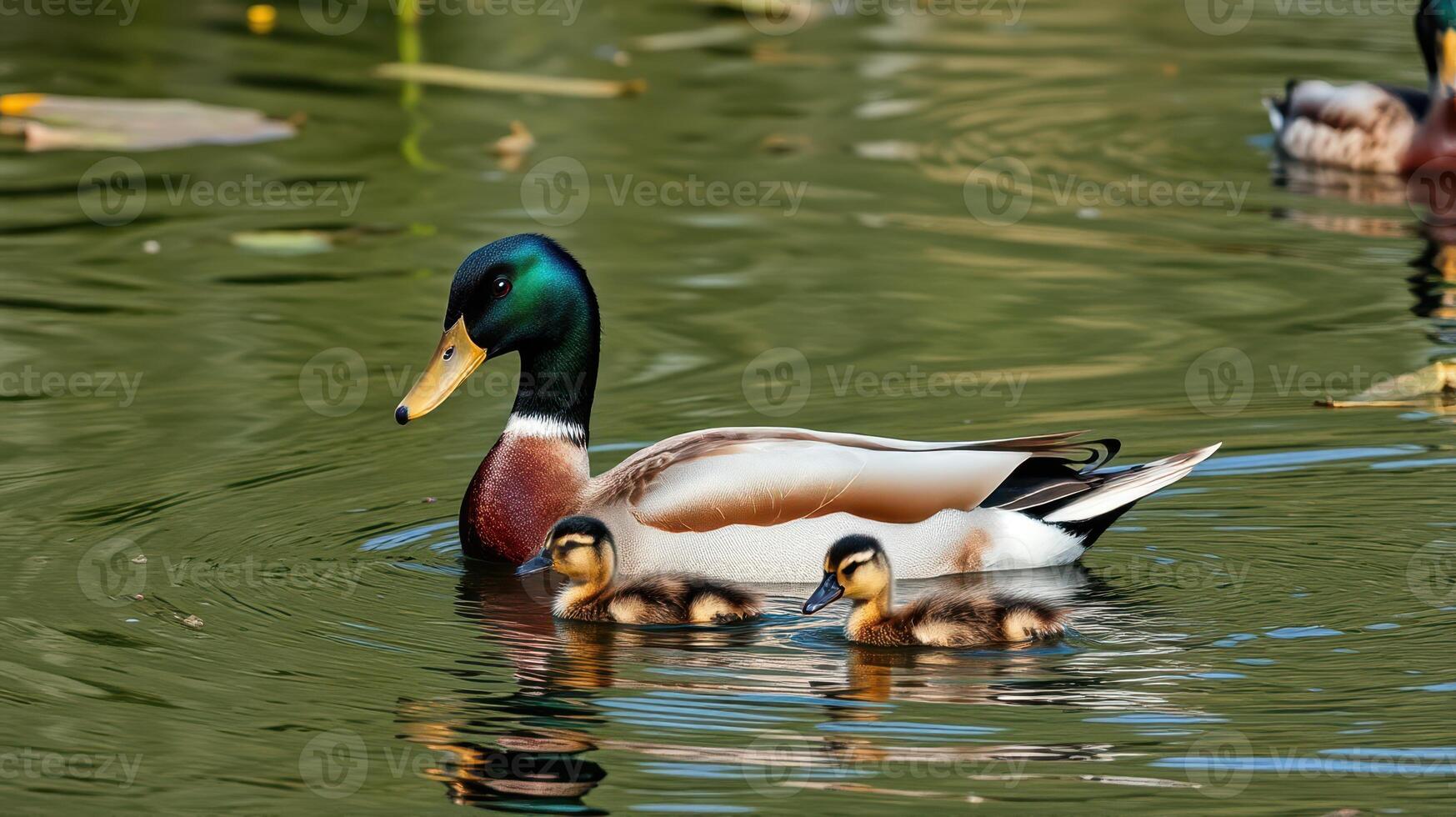 Mallard duck swims with ducklings in a serene pond during a sunny day photo
