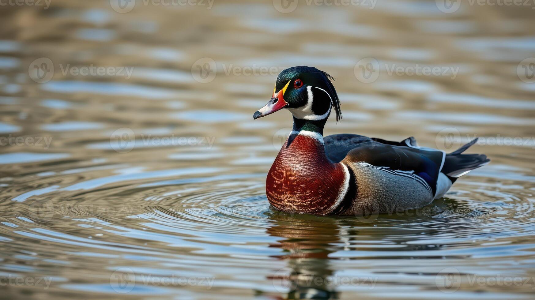 Wood duck swimming gracefully on calm water during daylight in a serene natural setting photo