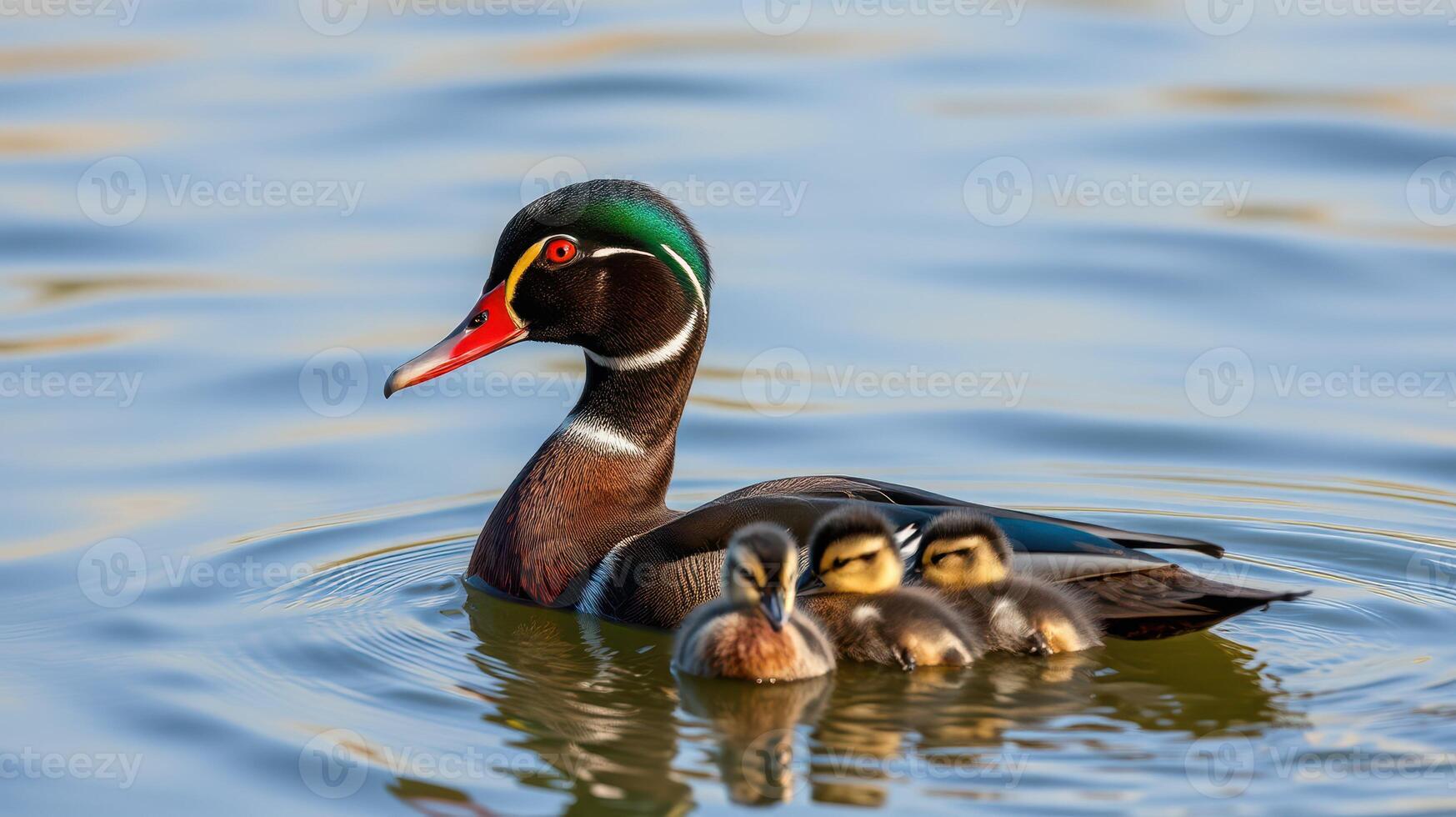 Mallard duck with ducklings swimming gently in calm waters during a sunny afternoon photo