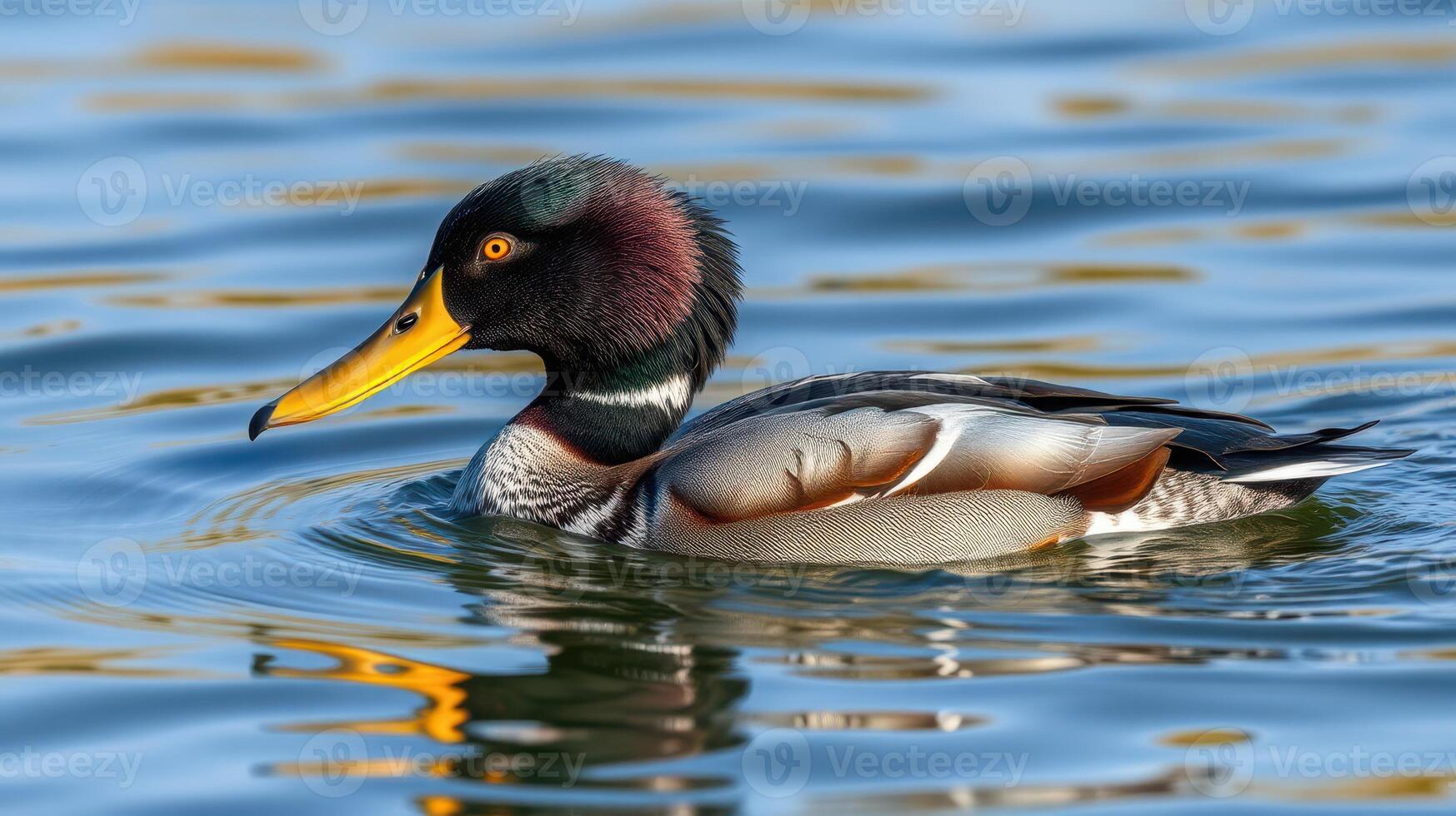 Duck swimming serenely on a calm lake with shimmering reflections in the early morning light photo
