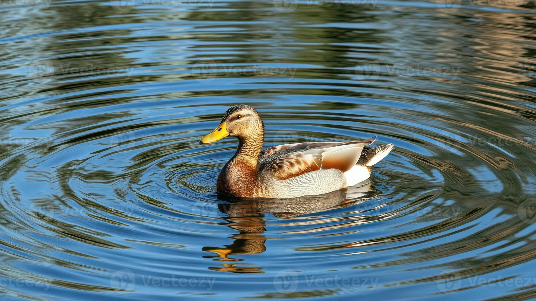 Mallard duck swimming calmly in a tranquil pond during daylight hours surrounded by rippling water photo
