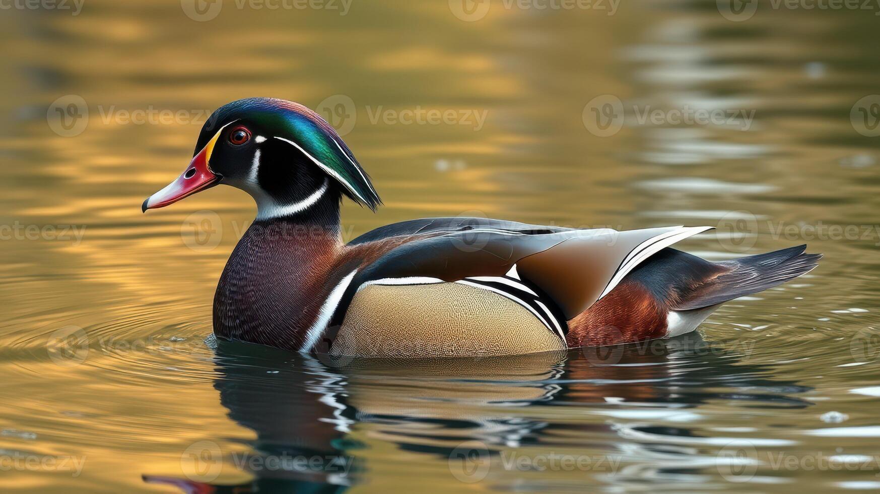 Colorful wood duck swimming gracefully in a serene pond during golden hour light photo