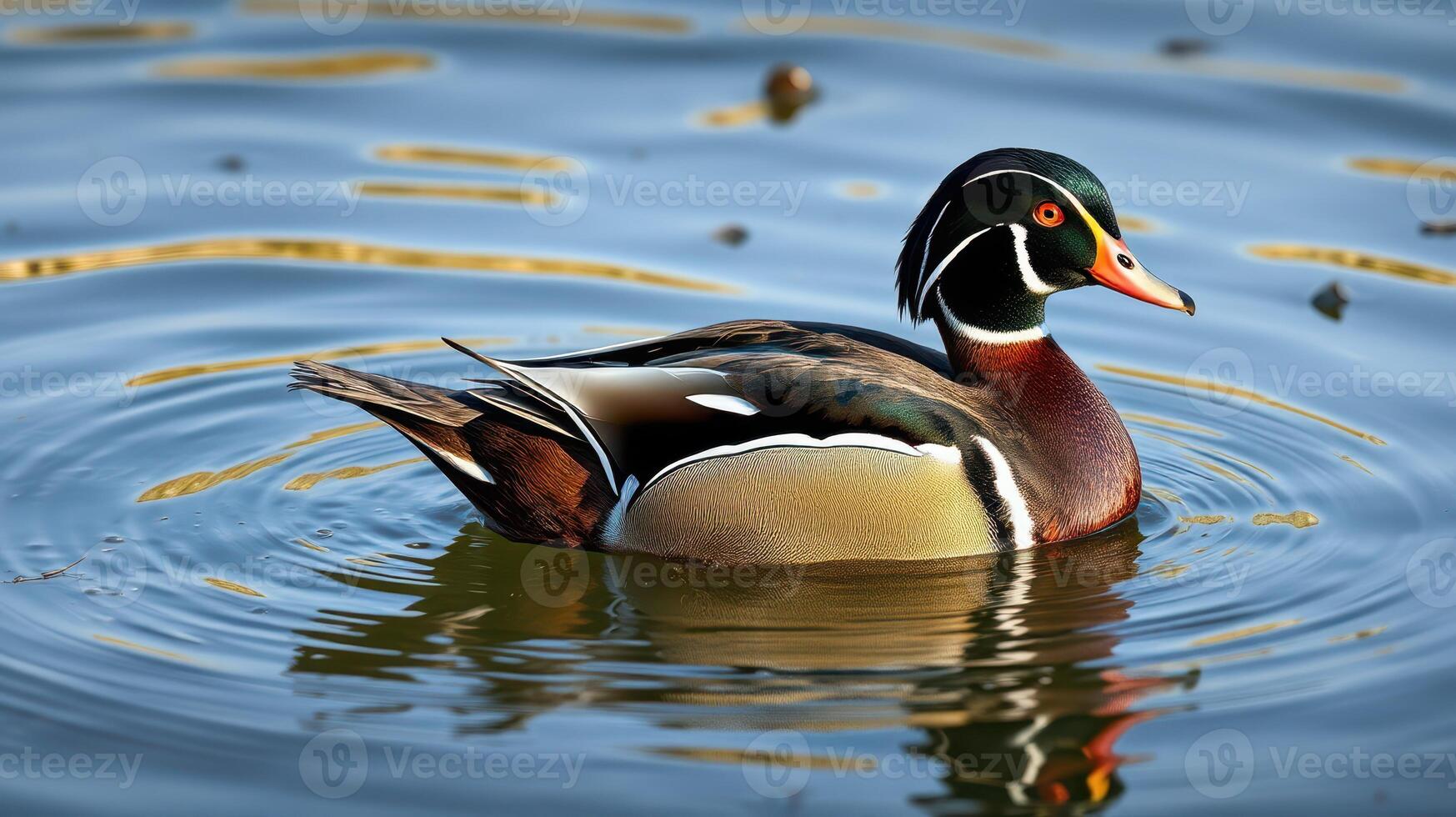 Colorful wood duck gliding smoothly on a serene lake during early morning light photo