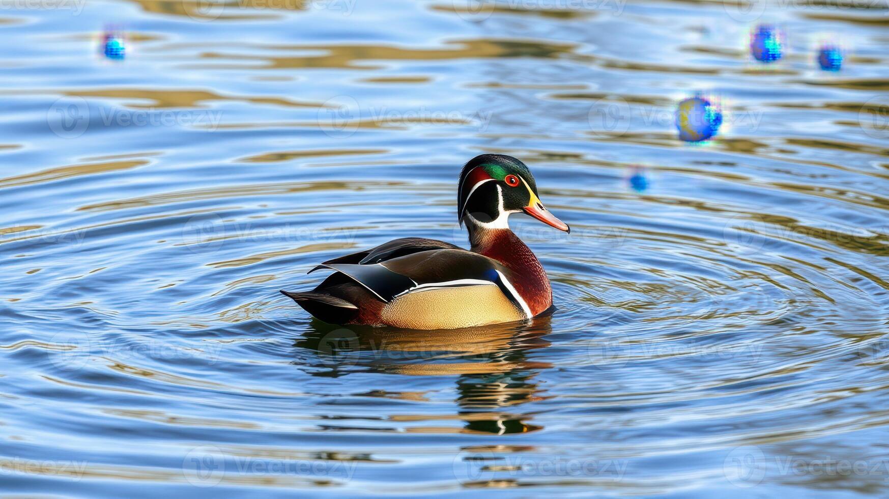 Wood duck gliding on calm water with ripples and colorful reflections photo