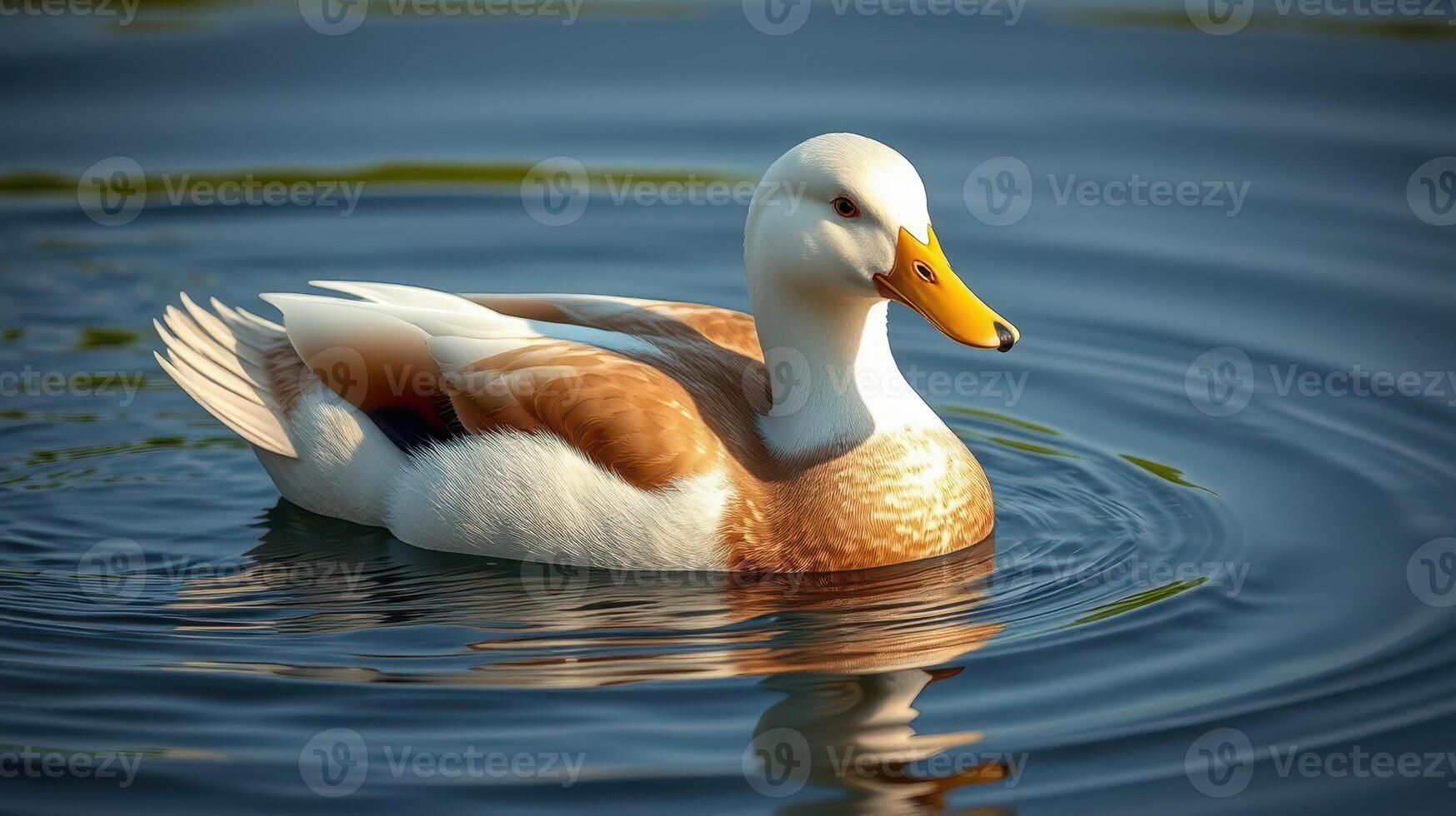 Duck swimming gracefully in calm waters during a sunny day in a serene outdoor setting photo
