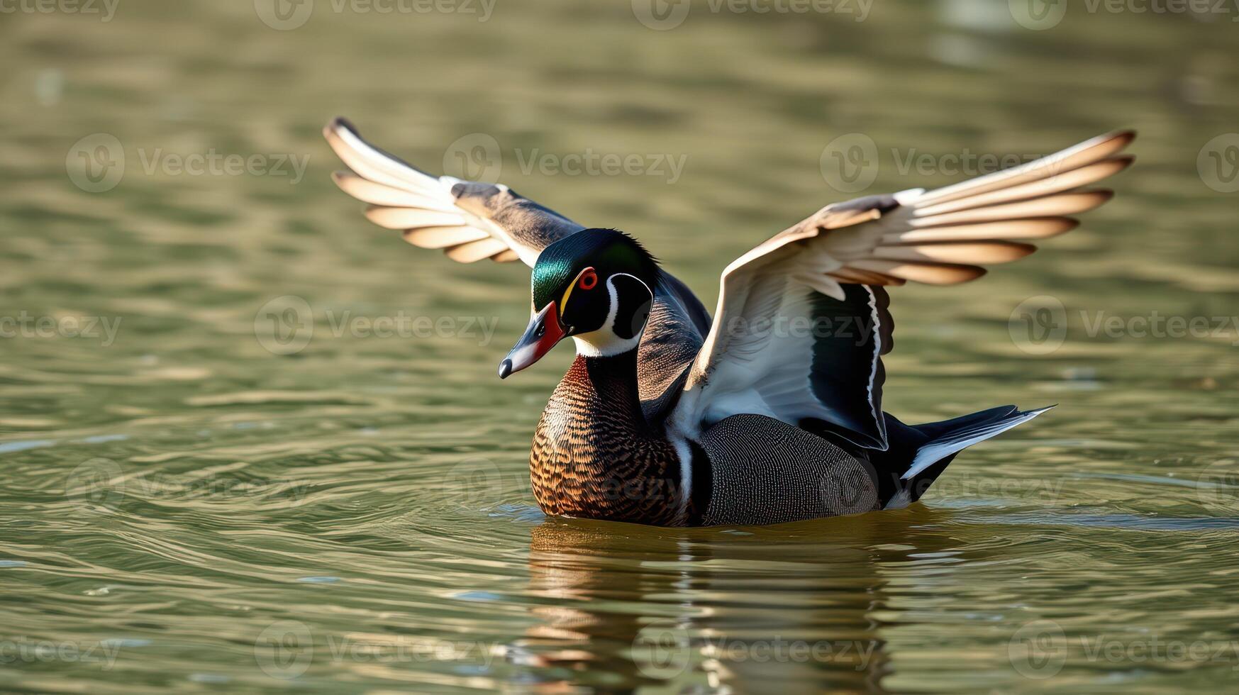 Beautiful wood duck flapping wings while swimming in calm water during golden hour photo