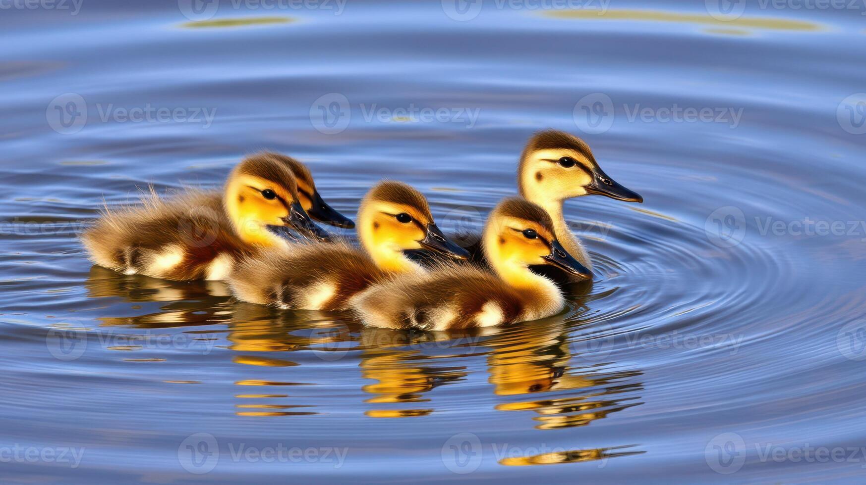 Ducks swim gracefully in a tranquil lake during a sunny afternoon photo