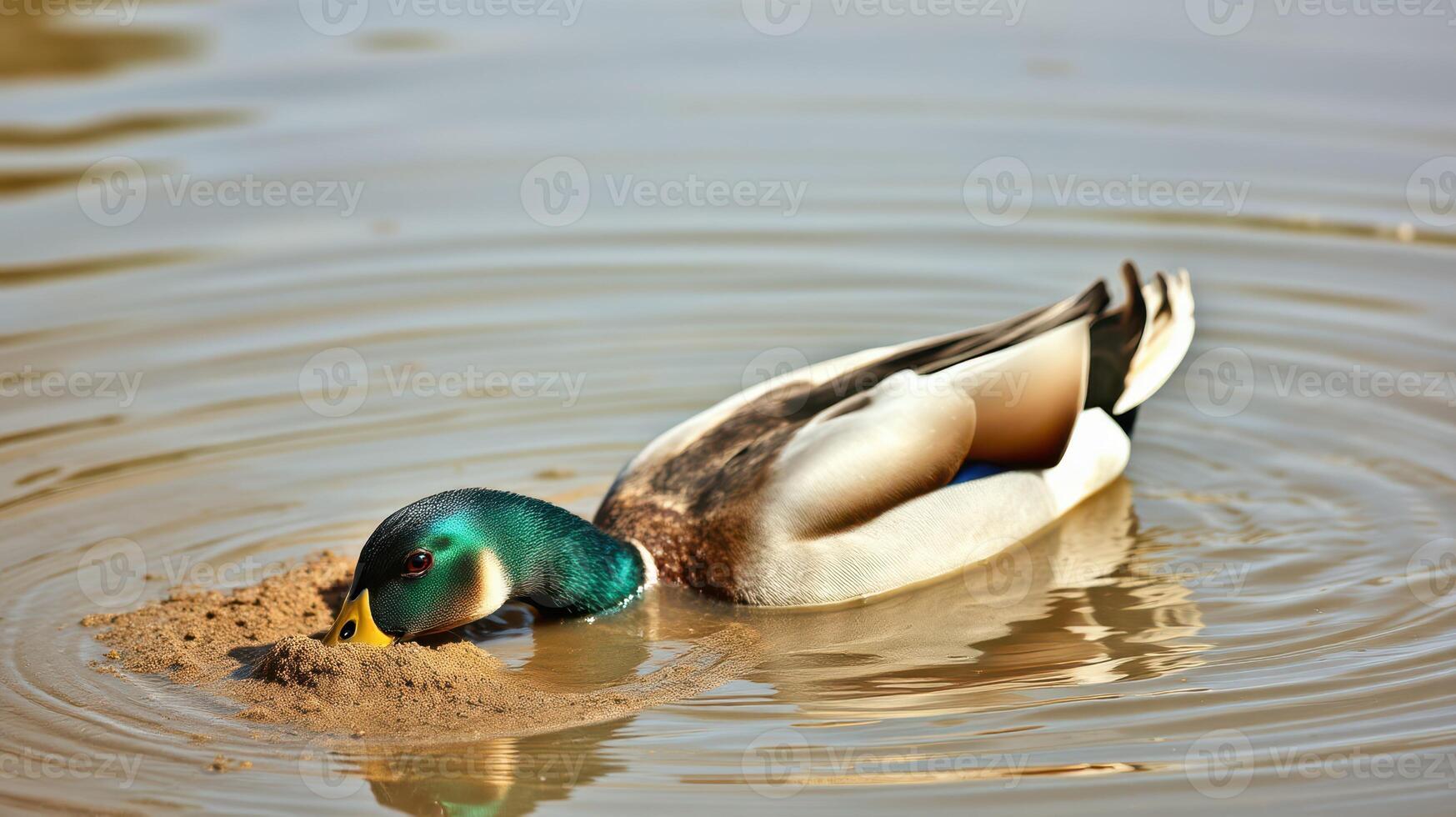 Mallard duck foraging in calm water at a lakeside in the early morning light photo