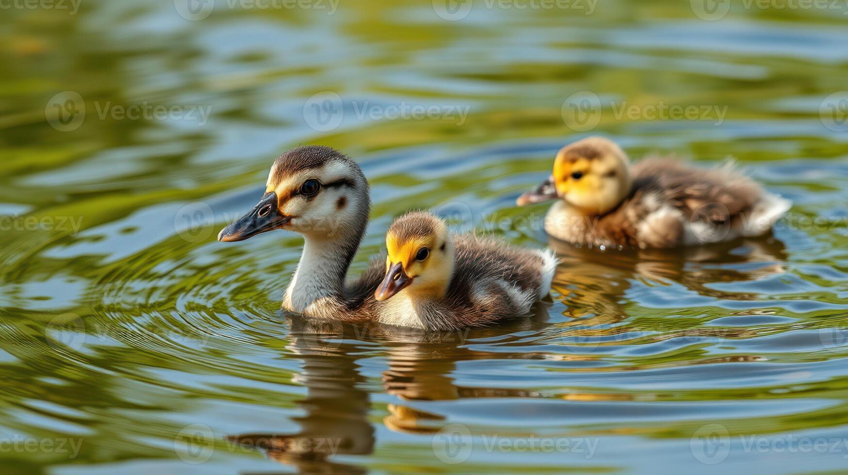 Family of ducklings swimming together in a calm pond during a sunny afternoon photo