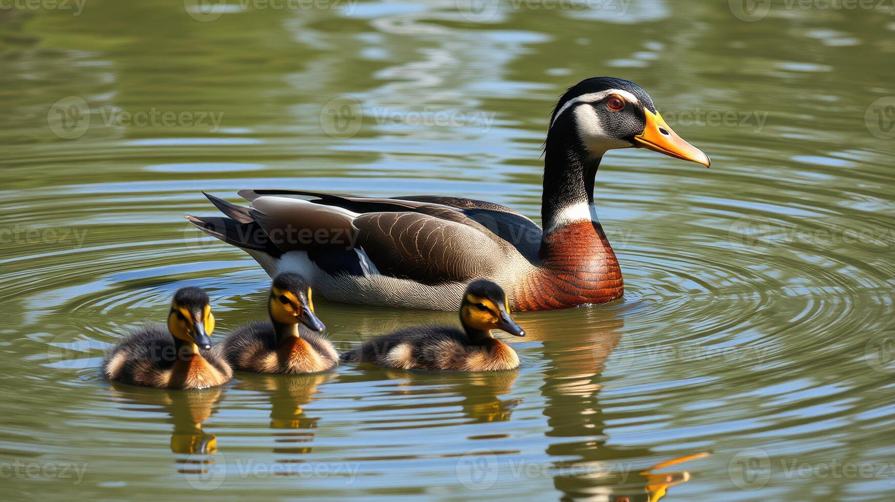 Duck with ducklings swimming in a serene pond during a sunny afternoon in nature photo