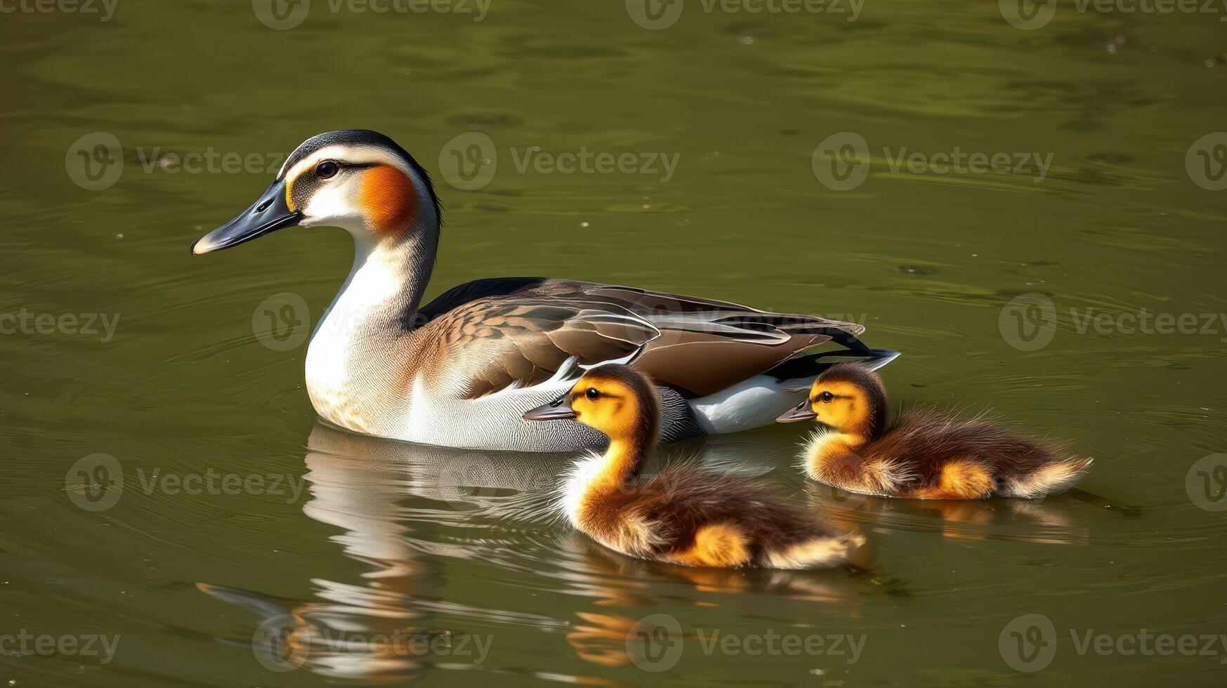 Mother duck swimming with her adorable ducklings in a tranquil pond during the golden hour photo