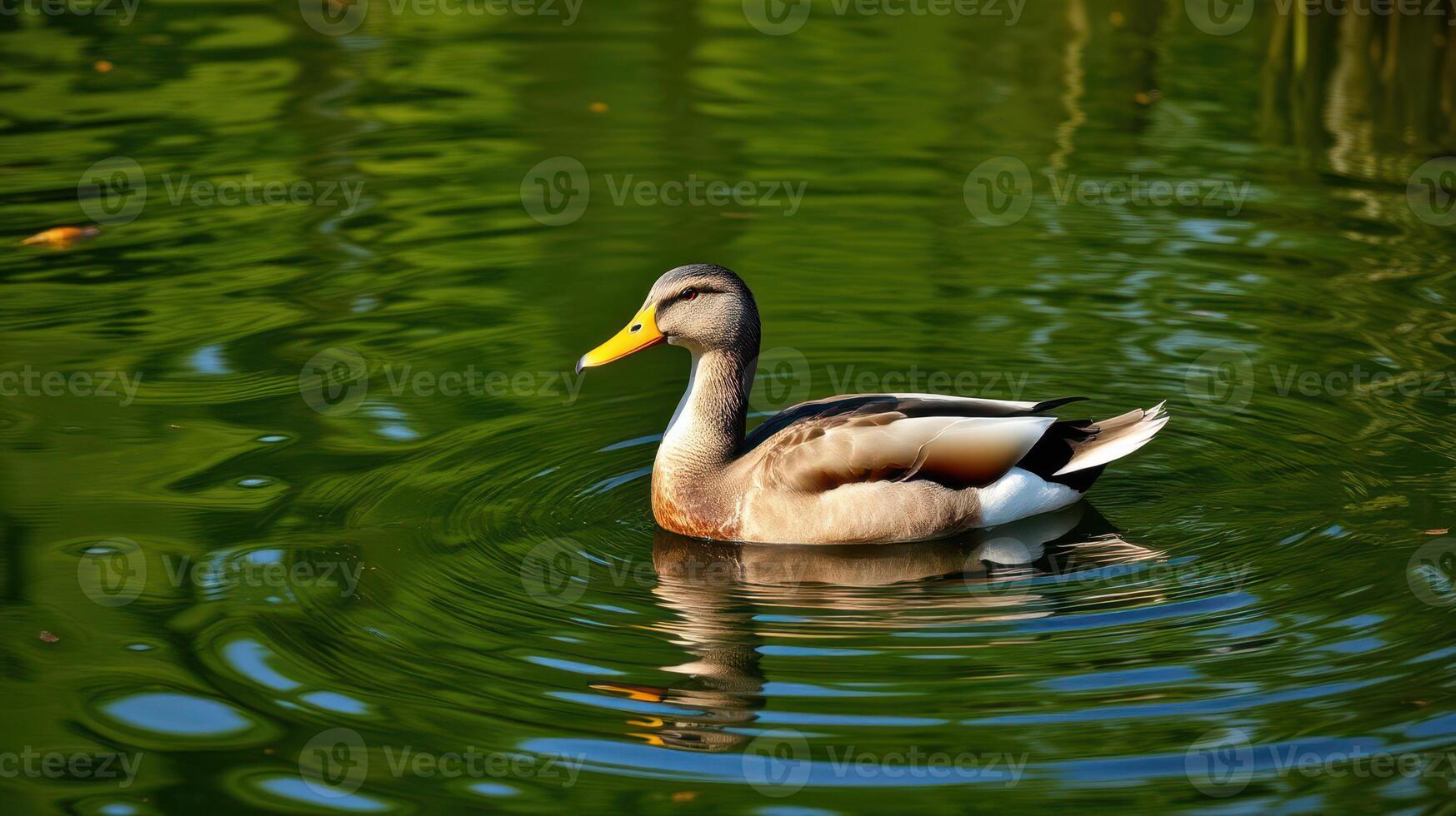 Mallard duck swimming gracefully in a serene pond surrounded by lush greenery during a sunny day photo