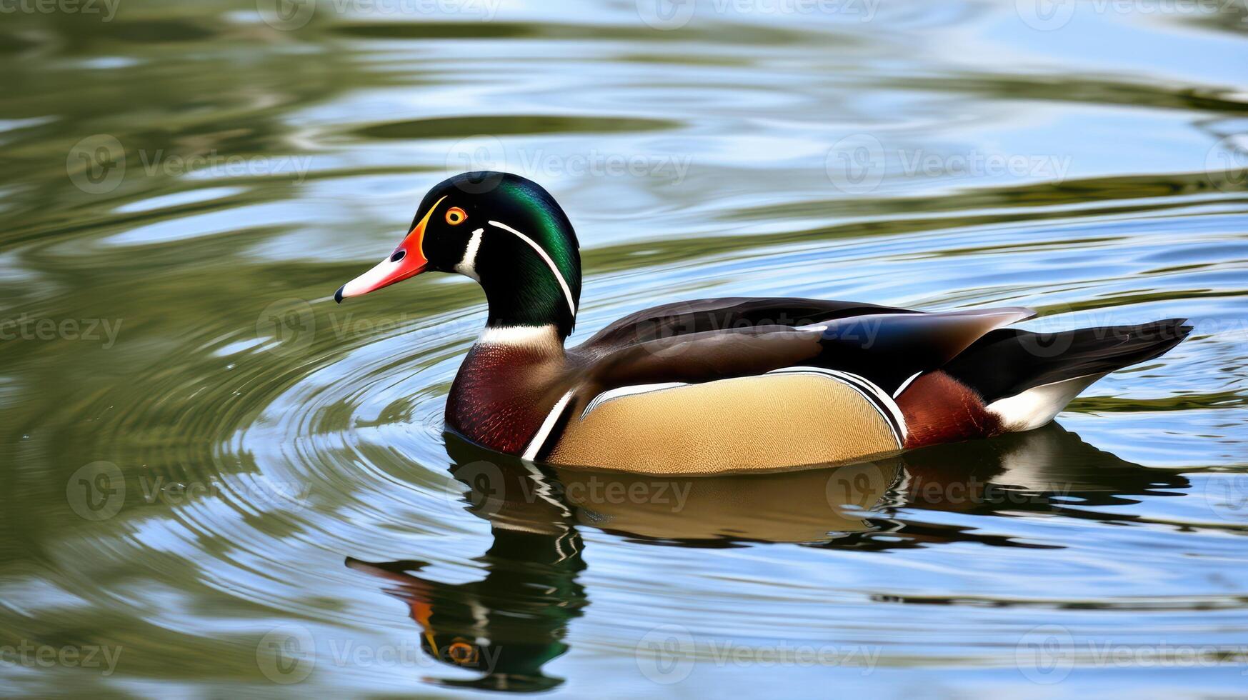 Vibrant wood duck swimming gracefully on a tranquil pond during daytime photo