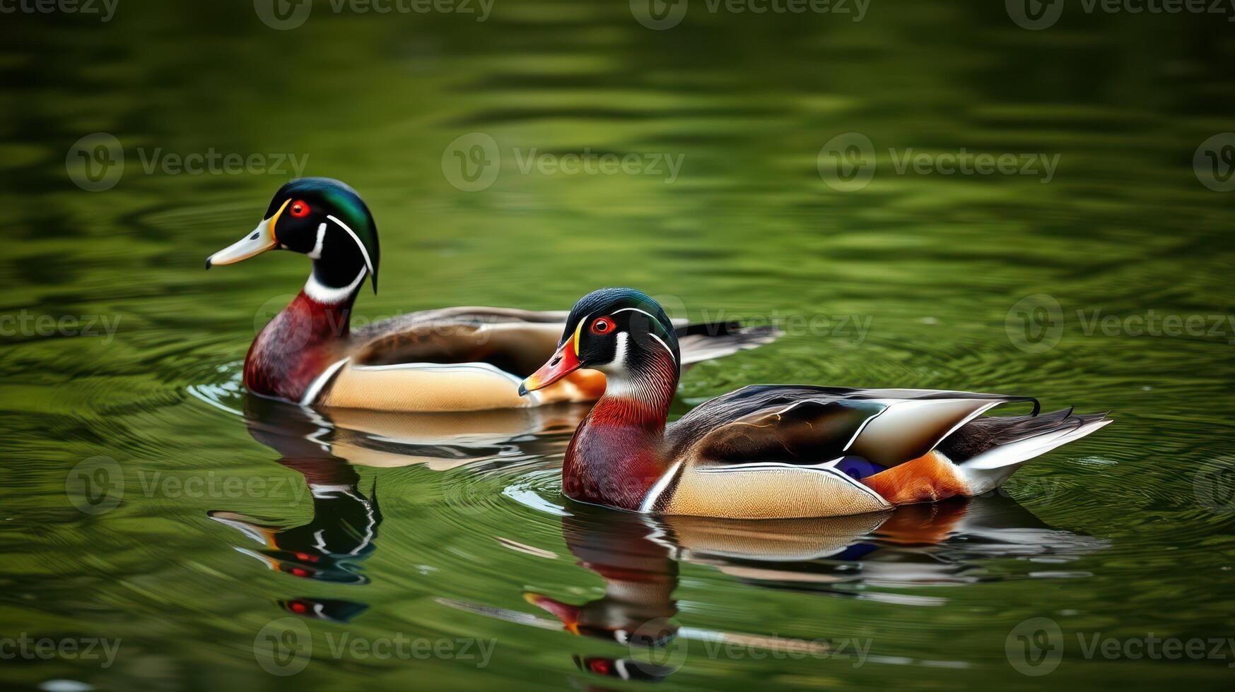 Colorful wood ducks swimming gracefully in a serene pond under soft afternoon light photo