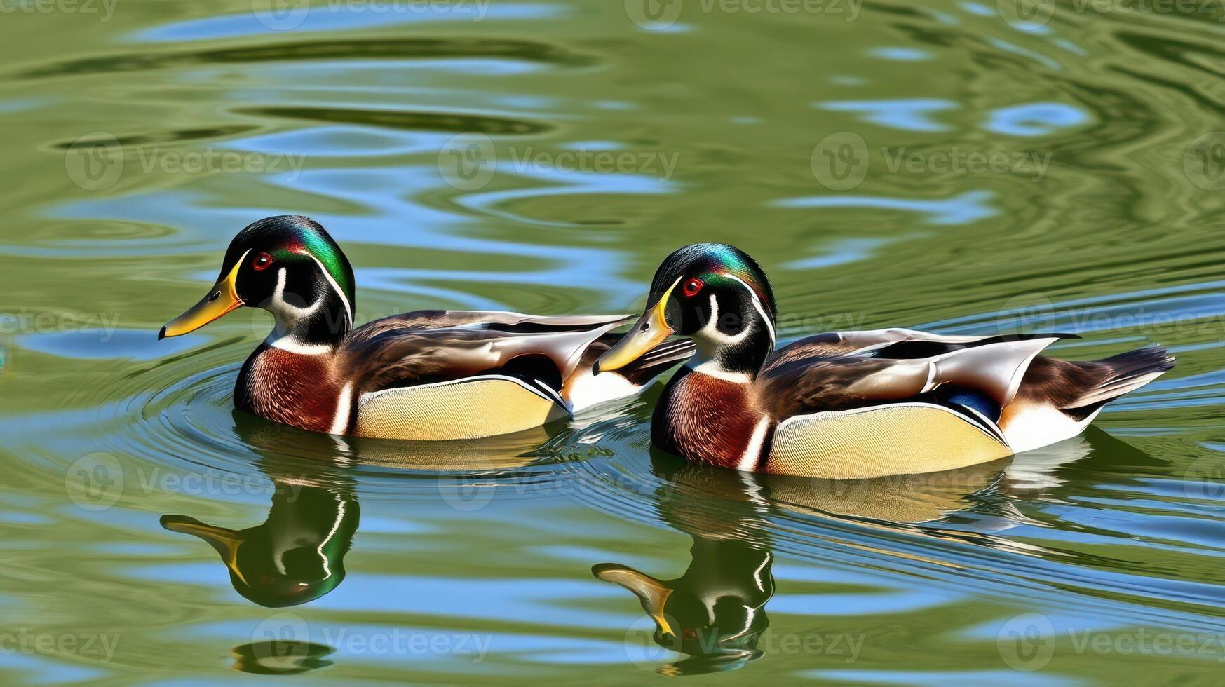 Wood ducks gracefully swimming in a tranquil pond with vibrant reflections photo