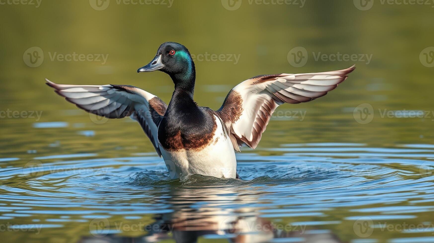 Majestic duck spreads wings in tranquil waters reflecting afternoon light photo
