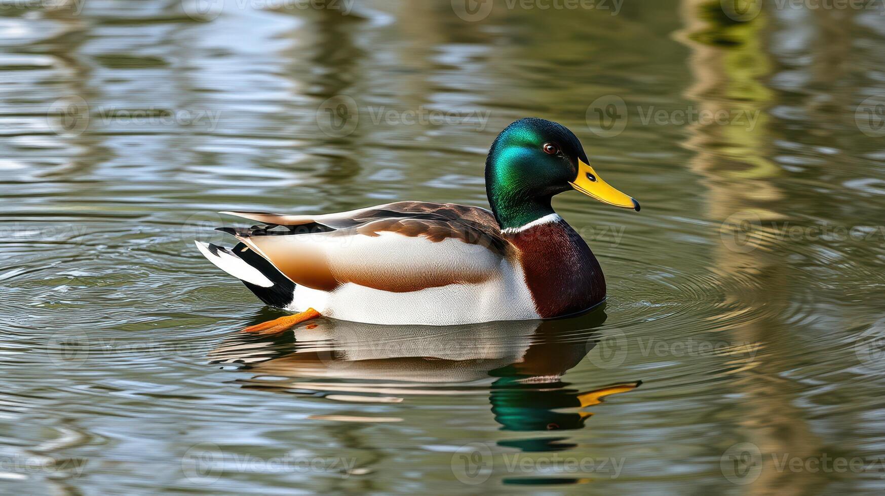 Colorful mallard duck gliding smoothly on a tranquil pond during a sunny afternoon photo