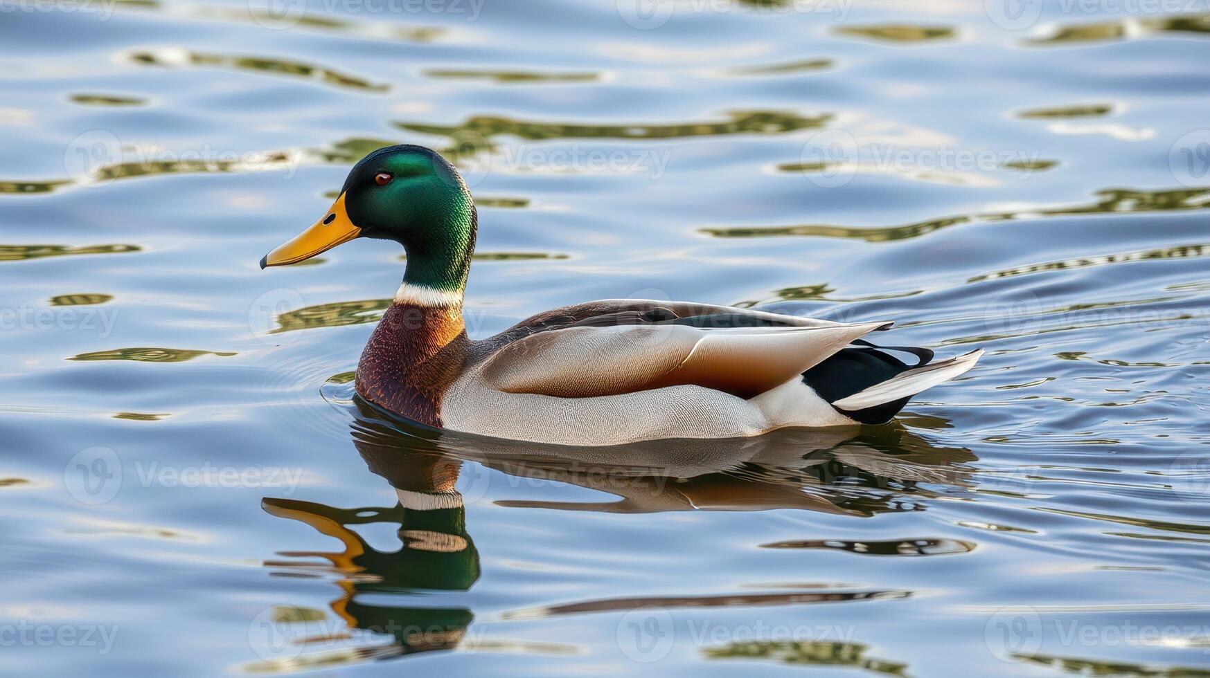 Colorful mallard duck swimming gracefully on a shimmering lake during a sunny afternoon photo